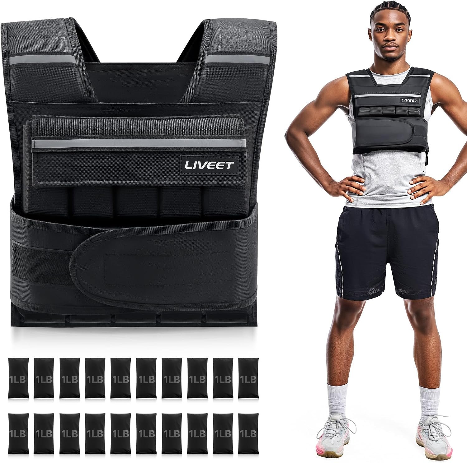 Adjustable Weighted Vest for Men Women, 20lb 30lb 45lb 60lb Weight Vest with 20 Removable Weights, Heavy Duty Running Vest with Reflective Strips for Walking Strength Training Calisthenics