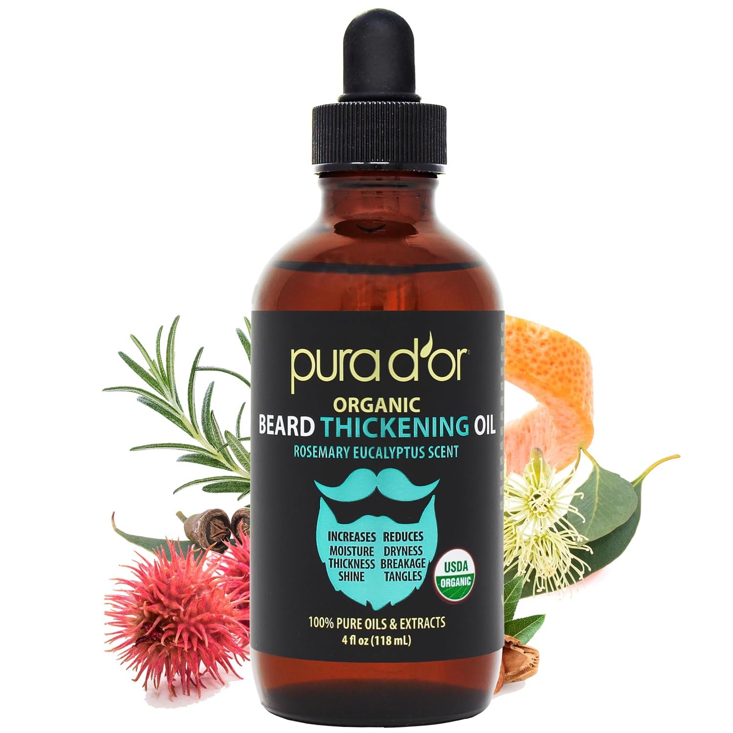 PURA D’OR ORGANIC Beard Thickening Oil, Rosemary Eucalyptus Scent, 4oz