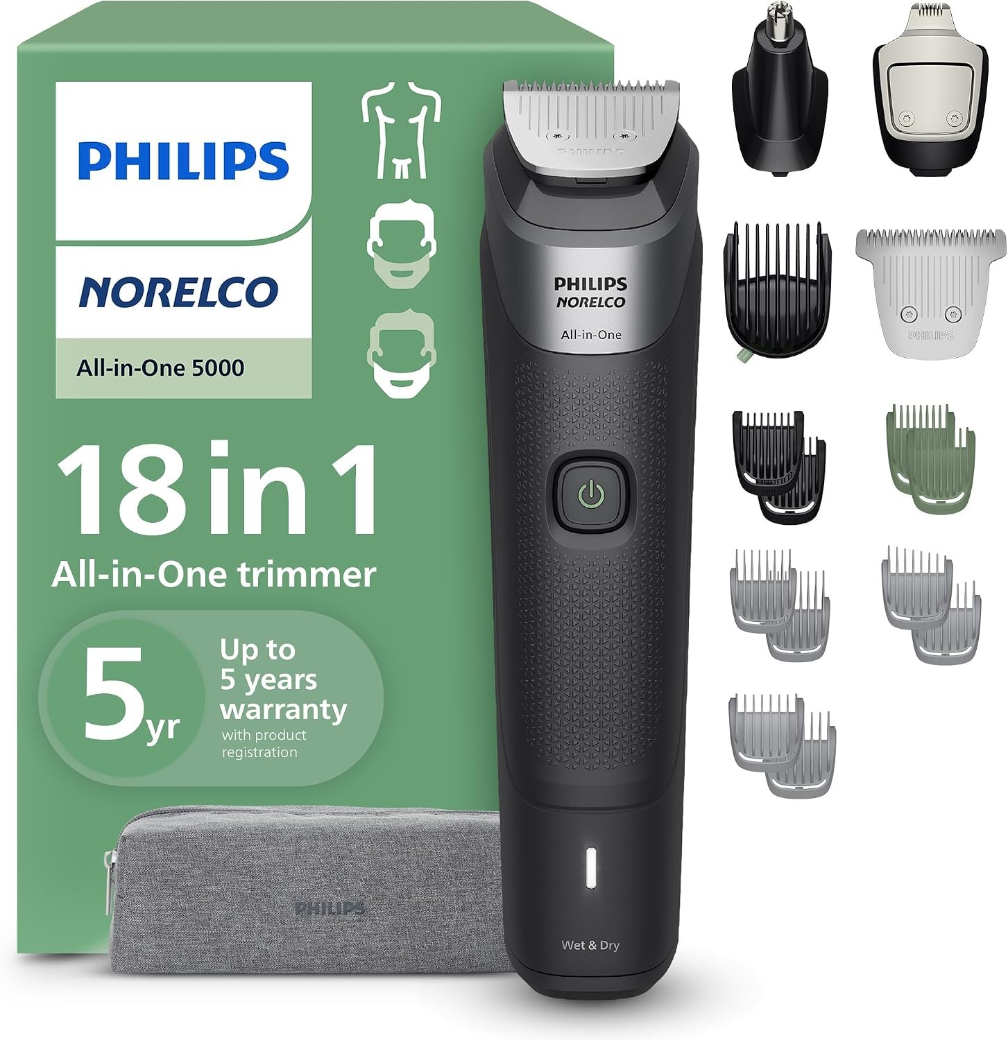 Philips Norelco All-in-One 5000 18-in-1 Trimmer, Face, Hair & Body, Black