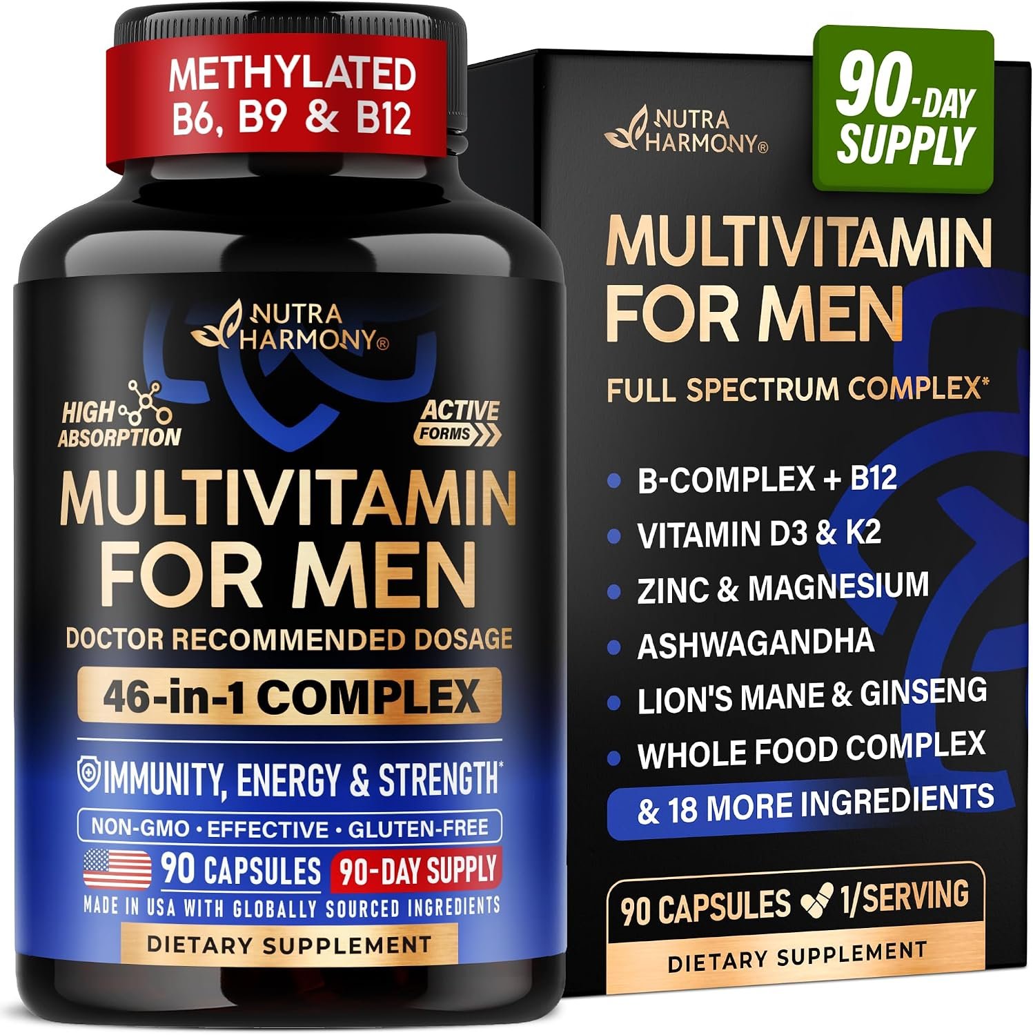 Multivitamin for Men – B-Complex & B12 | Whole Foods & Enzymes – 90 Caps