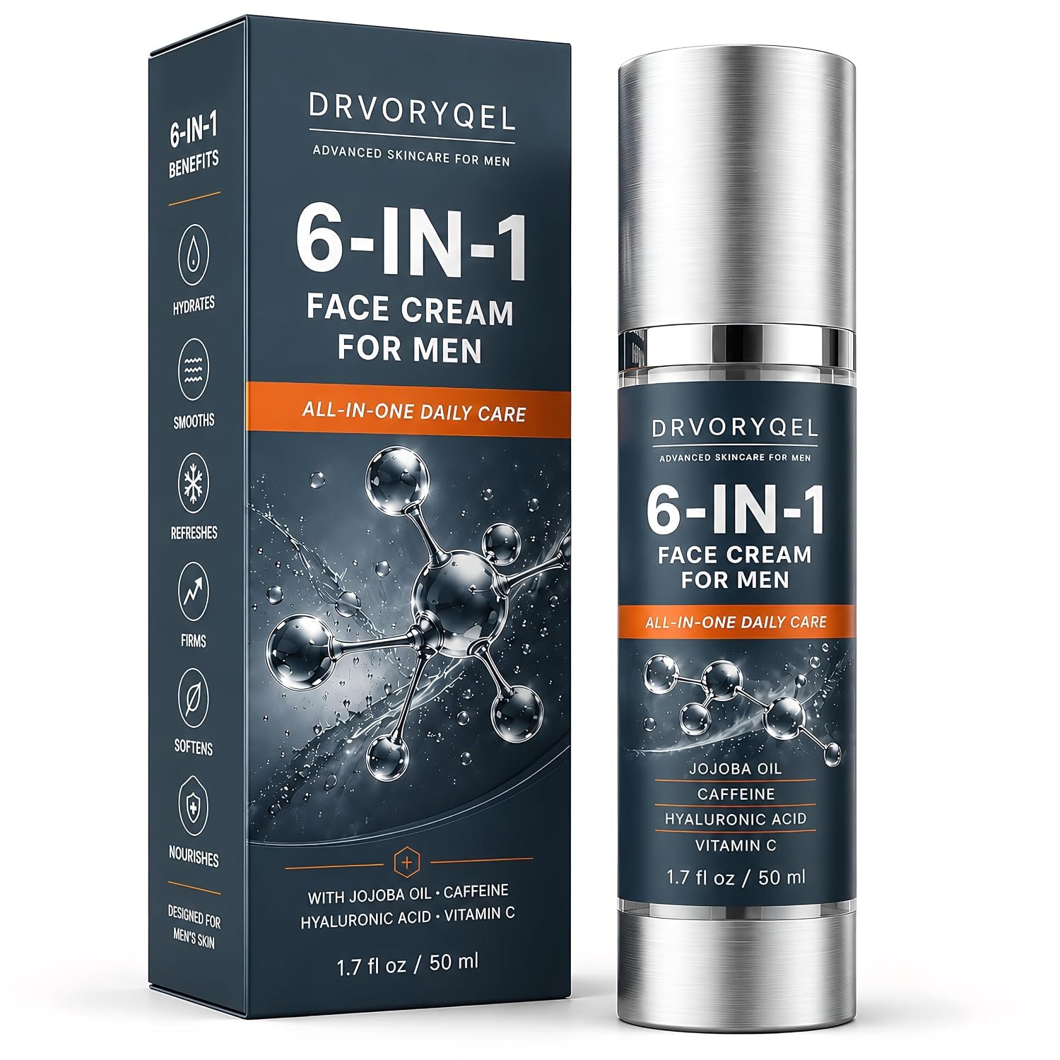 6-in-1 Face Cream for Men, Anti-Aging Daily Moisturizer with Hyaluronic Acid, Caffeine & Vitamin C, Helps Improve the Look of Eye Bags, Wrinkles & Puffiness, Lightweight Fast-Absorbing, 1.7 Fl Oz