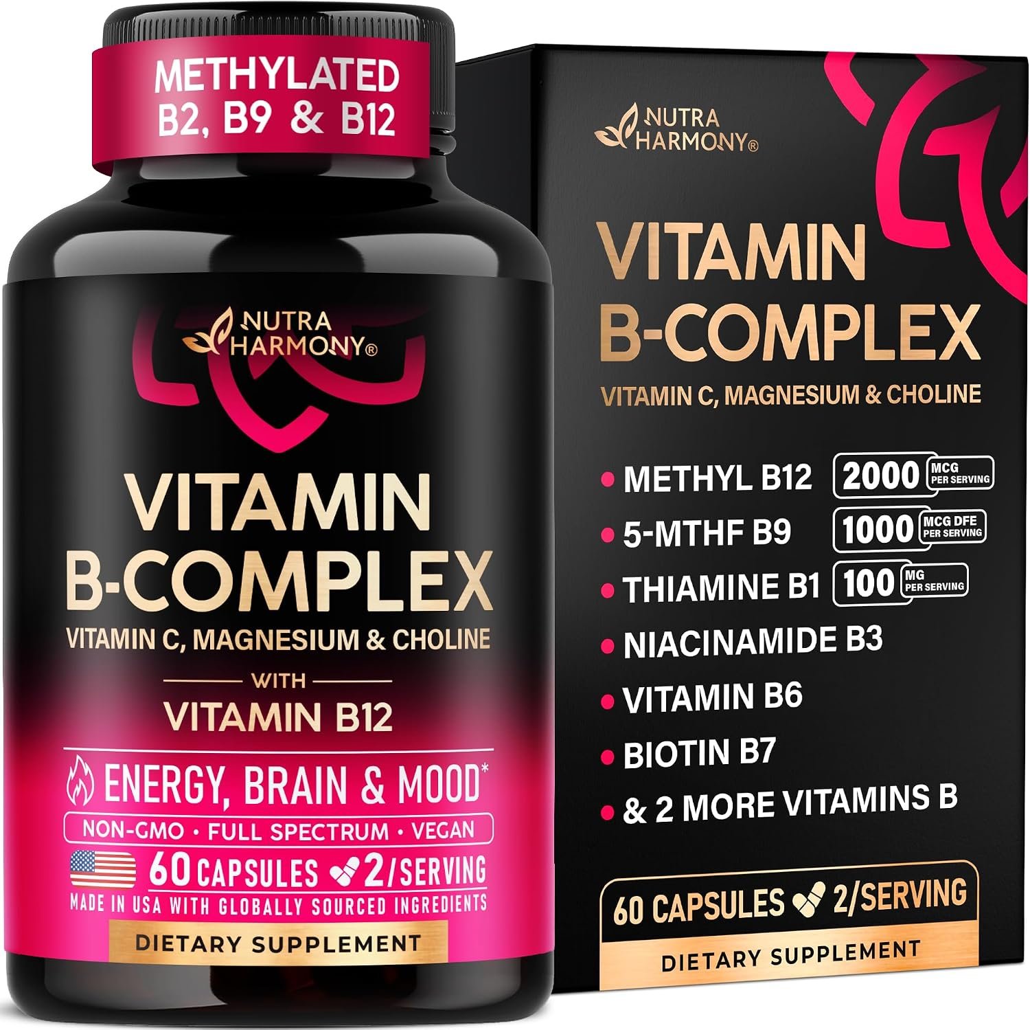 Vitamin B Complex for Men & Women – Methylated B-Complex & Vit B12 – 60Caps