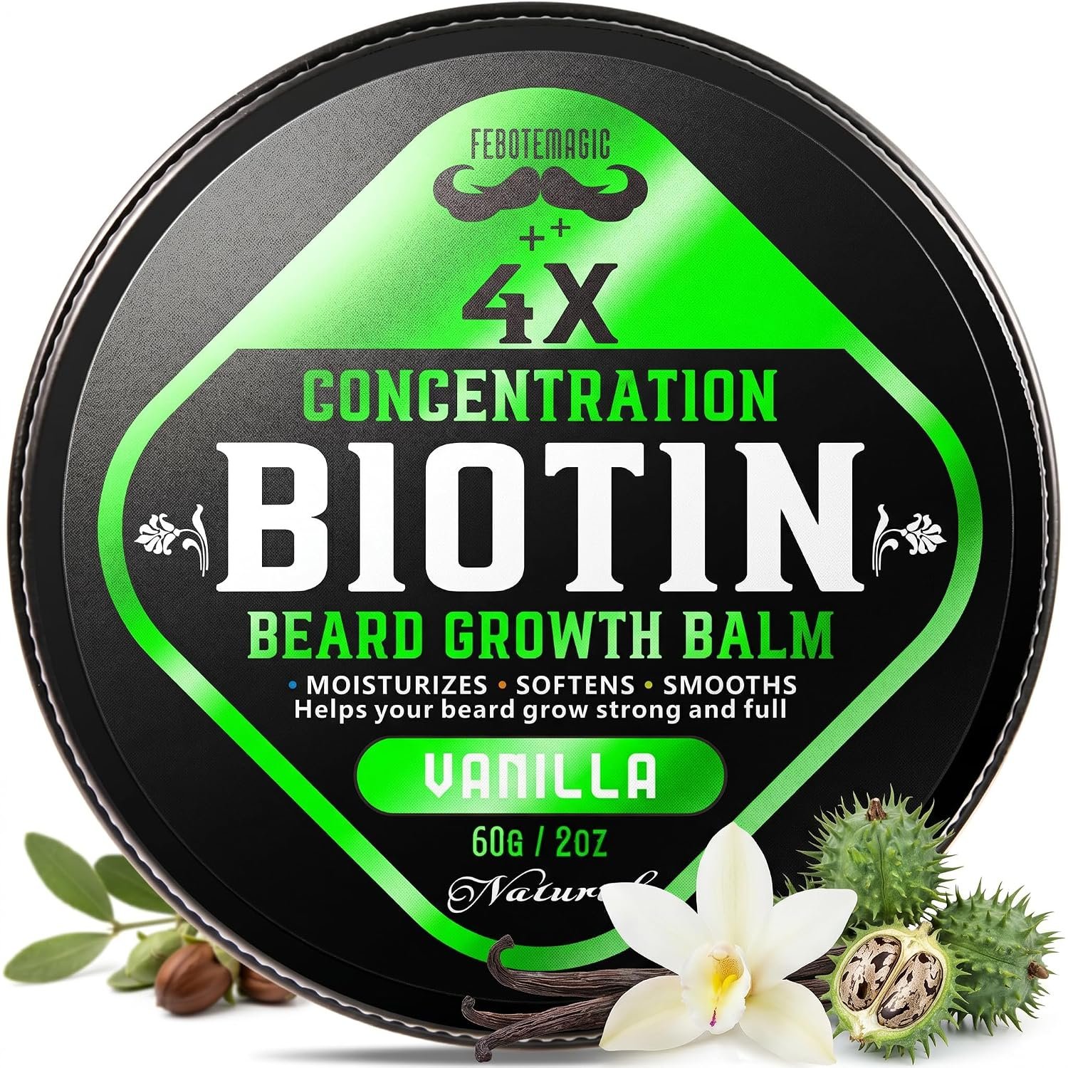 Biotin Beard Growth Balm for Men – Conditioning & Thickening Balm with Castor, Shea & Jojoba Oils – Non-Greasy, Softens & Nourishes for Fuller, Thicker Facial Hair – Vanilla Scent – 2 oz