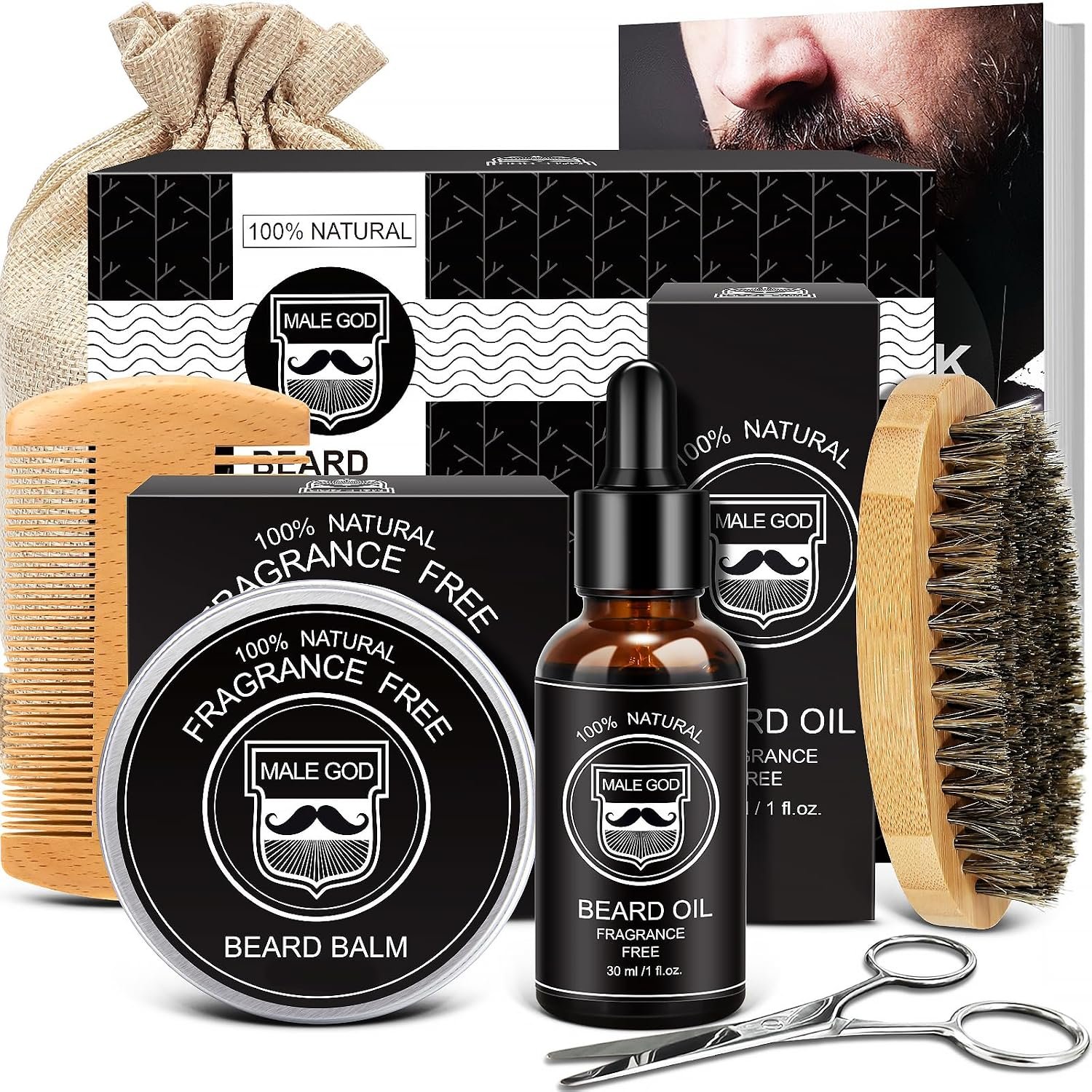 MALE GOD Beard Kit for Men’s Grooming & Care, Natural Ingredients Beard Oil, Balm, Brush, Comb, Stocking Stuffers for Adult Men, Chirismtas & Birthday Gifts for Men Dad Him Husband Boyfriend Brother