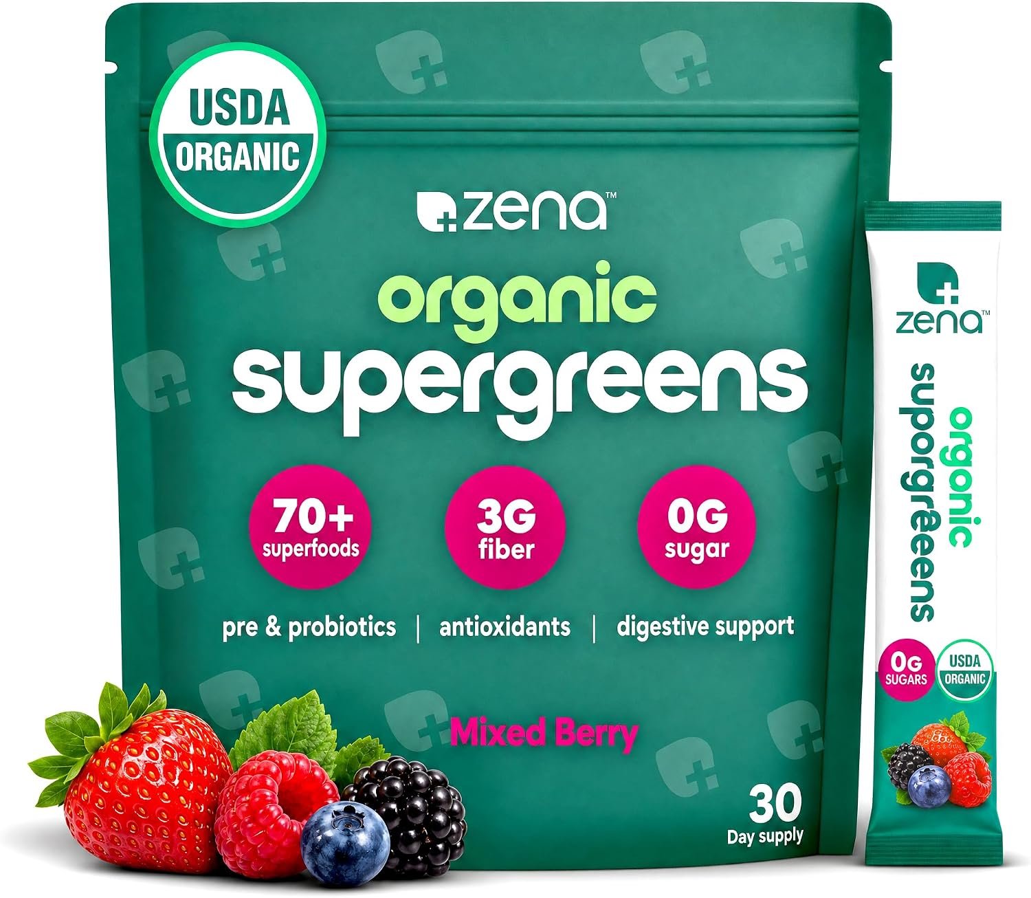 Zena Nutrition Organic Super Greens Powder, Mixed Berry, 30 Packets