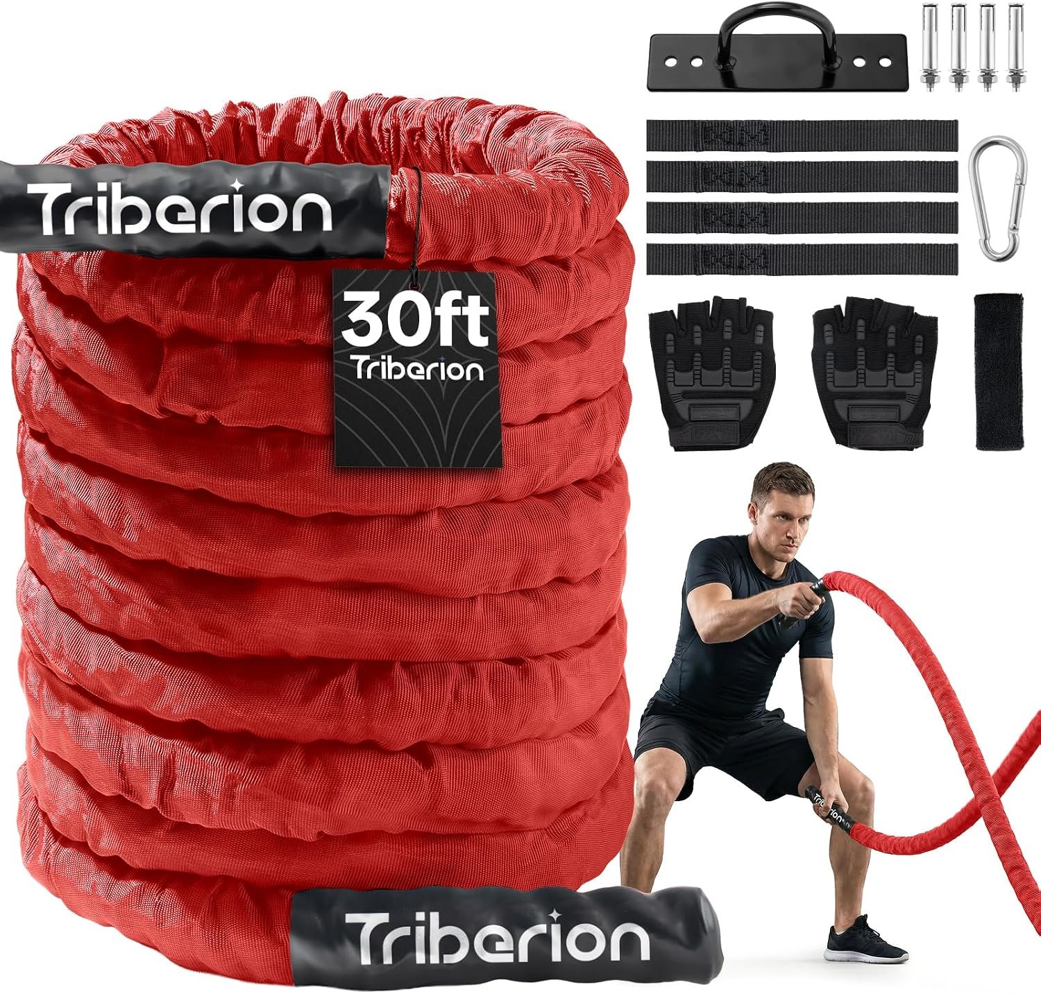 Battle Rope for Home Gym Workout – 1.5 Inch 30ft Heavy Weighted Training Exercise Ropes Fitness Equipment with Sleeve and Anchor Strap Kit for Outdoor Working Out – Red