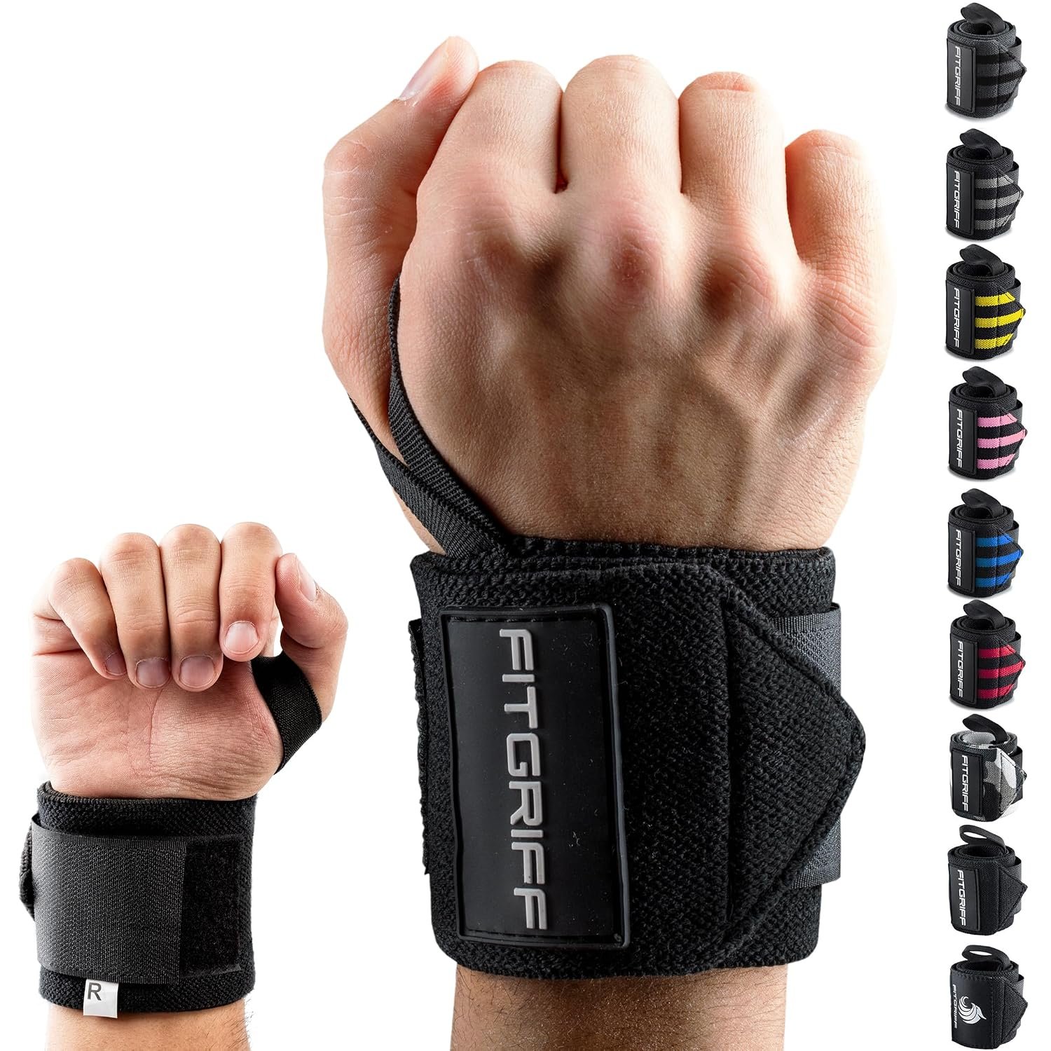 Fitgriff® Wrist Wraps for Weightlifting (18″) Heavy-Duty Support for Gym, Bench Press, and Pushups (1 Pair) – for Men and Women (Black)