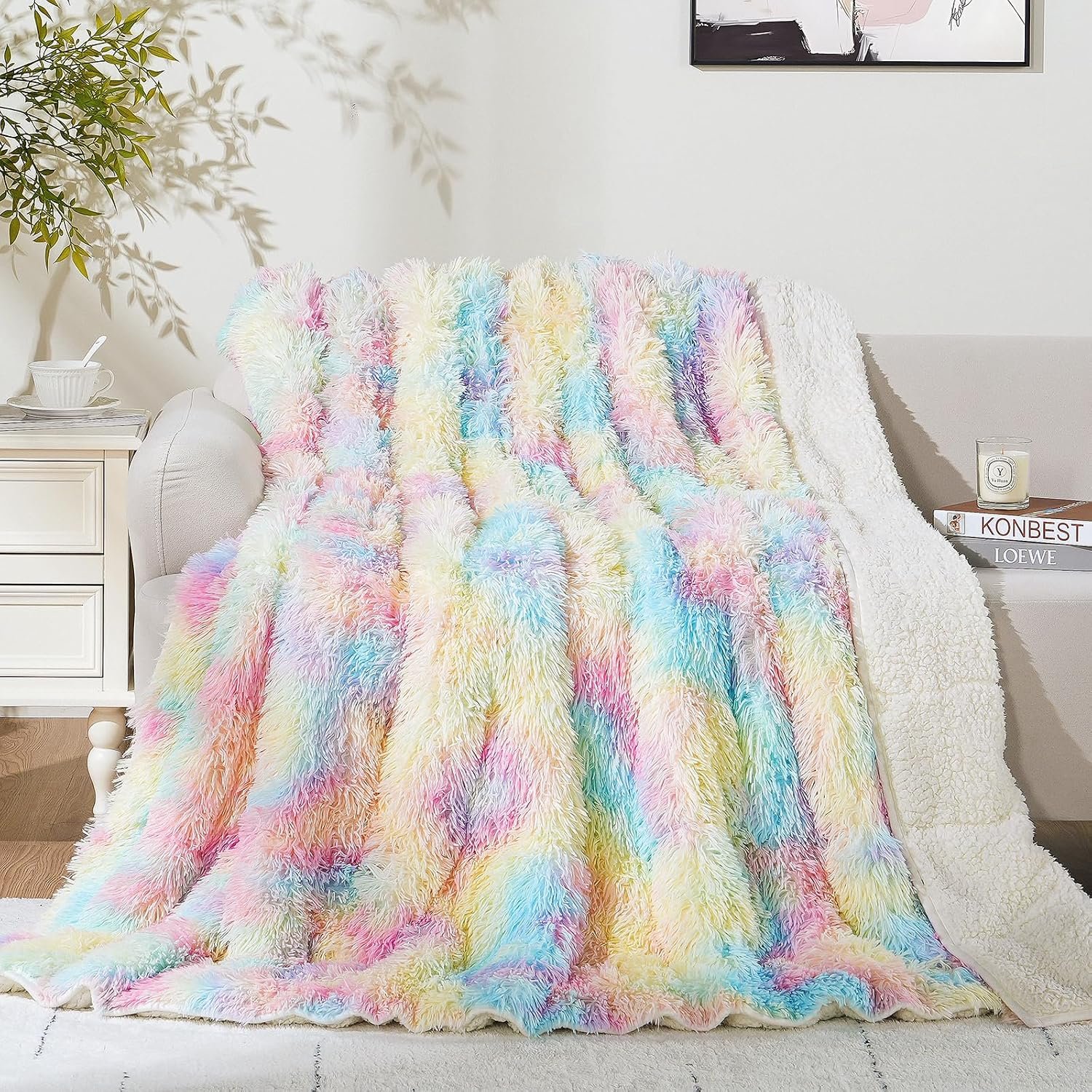 Cottonblue Weighted Blanket 15lbs Queen Size, Soft Faux Fur Sherpa Blanket, Reversible Fluffy Fleece Reverse Blankets, Warm and Cozy Rainbow Throw Decorative for Bedroom Sofa Floor, 60″x80″