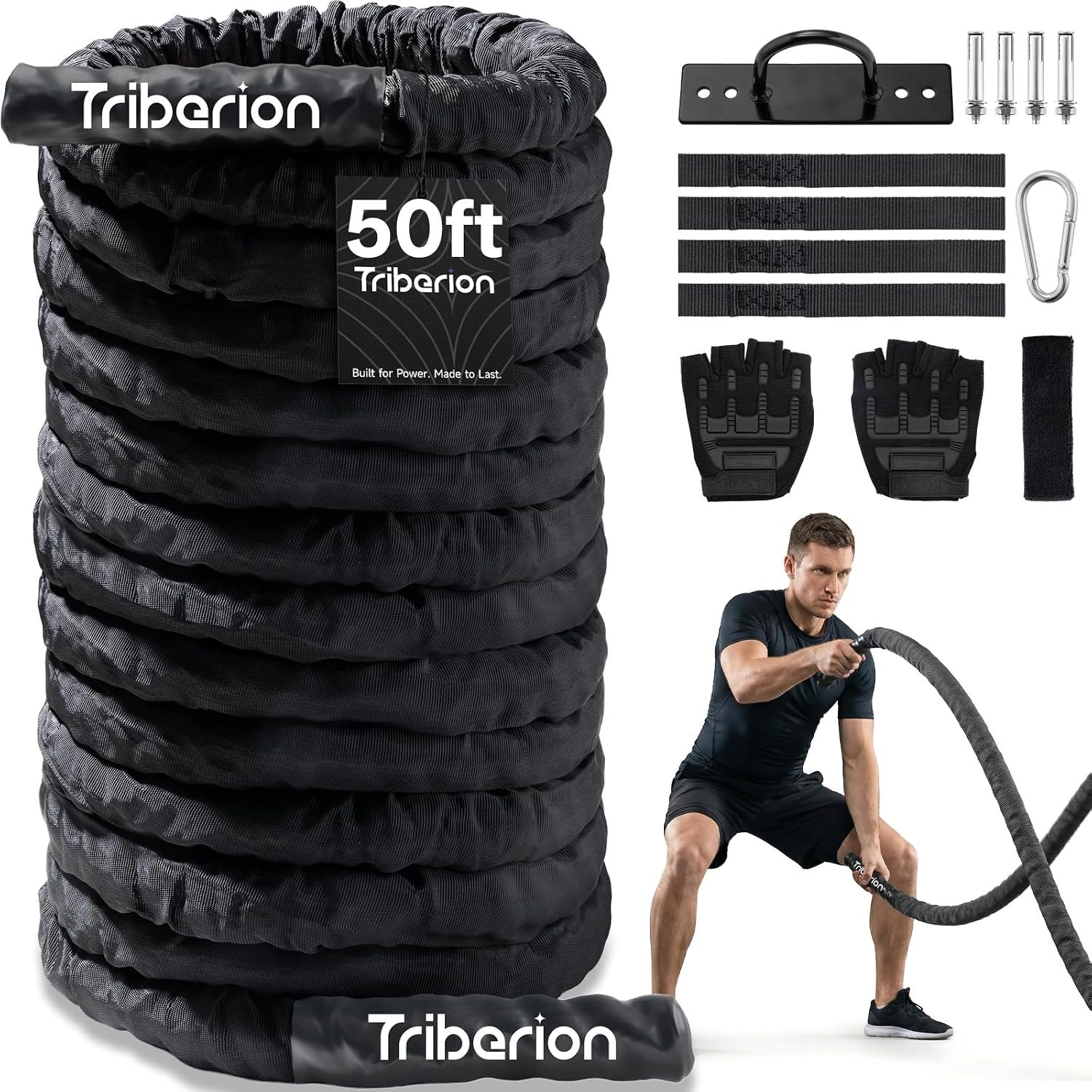 Battle Rope for Home Gym Workout – 1.5 Inch 50ft Heavy Weighted Training Exercise Ropes Fitness Equipment with Sleeve and Anchor Strap Kit for Crossfit Outdoor Working Out