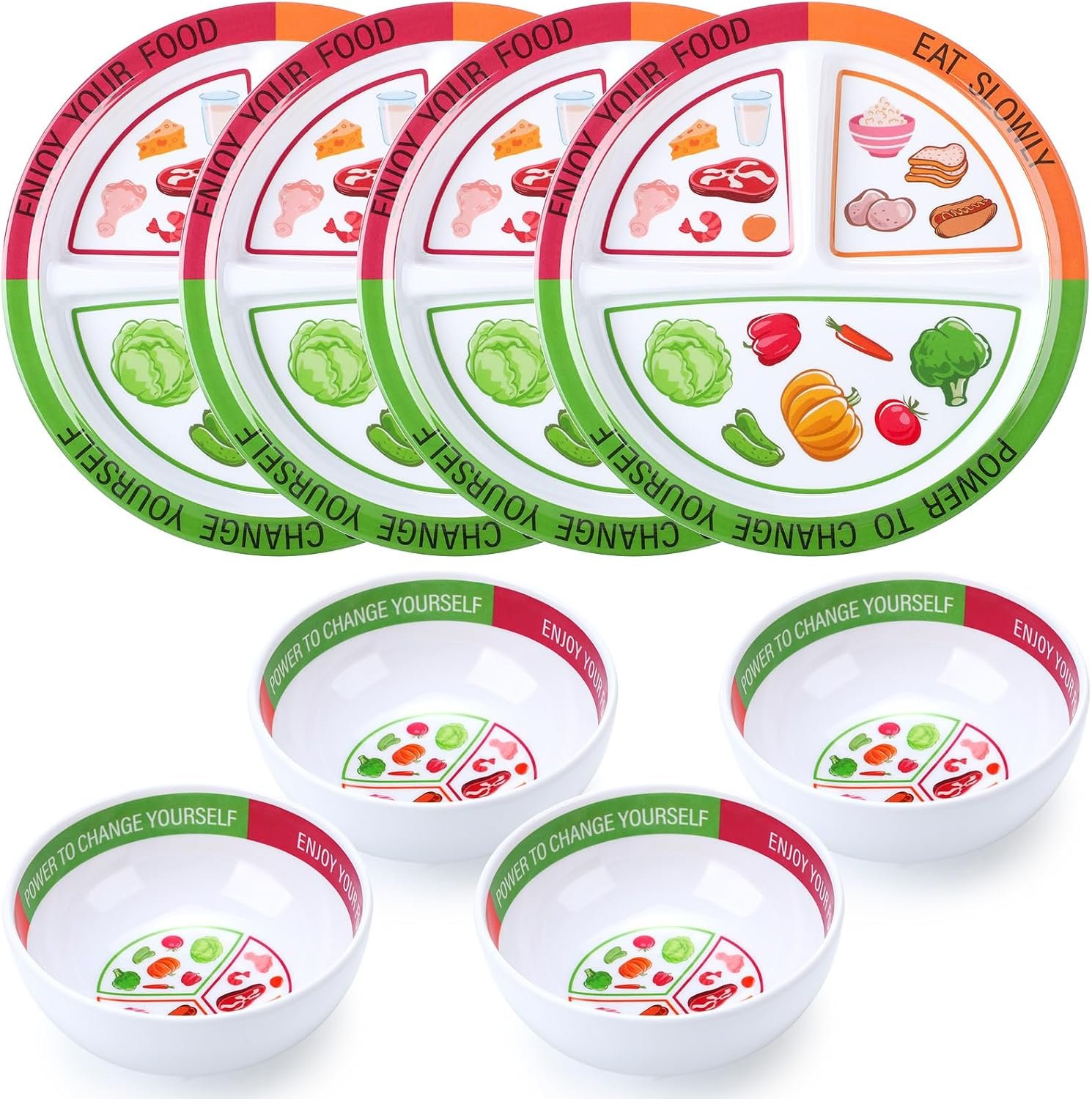 Tioncy 8 Pcs Bariatric Portion Control Plates Bowls Set for Diet,Stylish