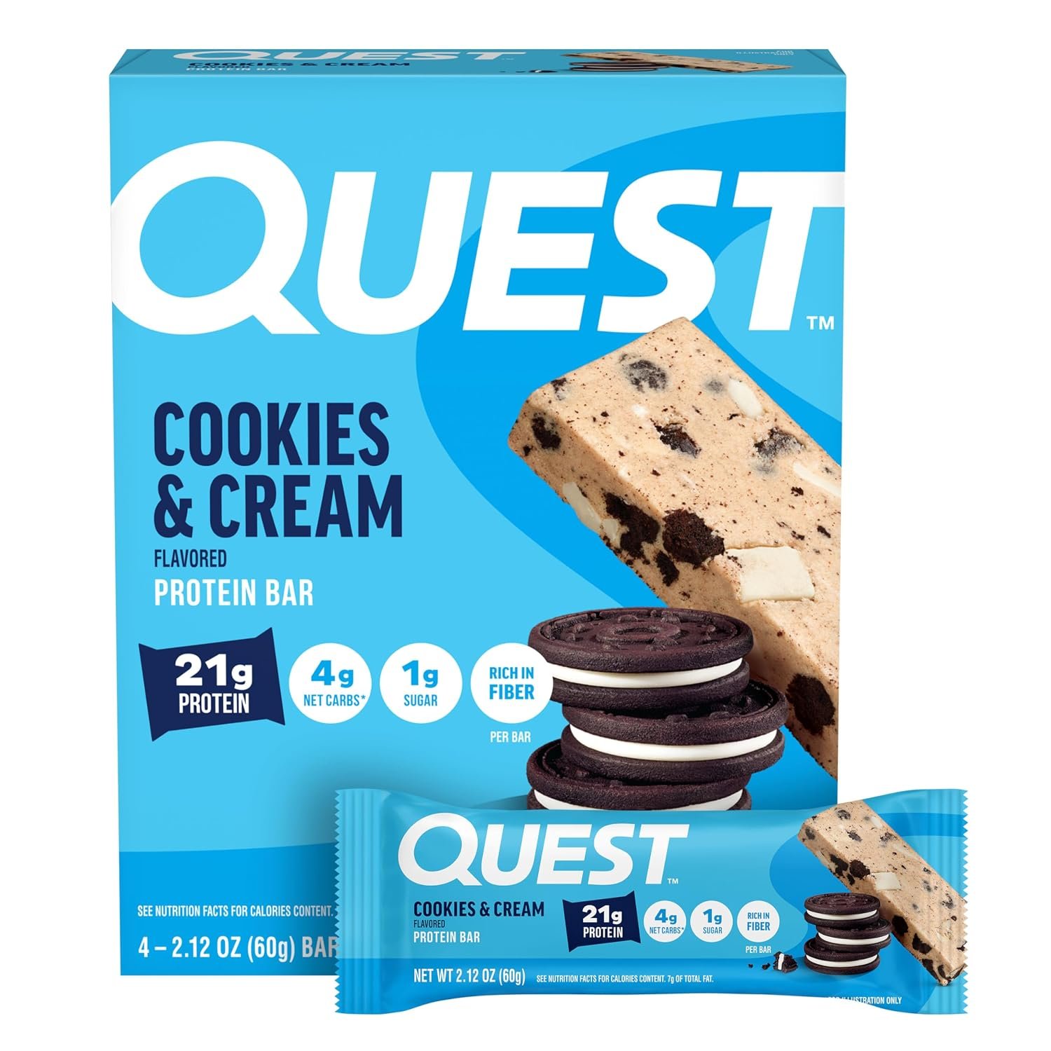 Quest Nutrition Cookies & Cream Protein Bars, 21g Protein, 4g Net Carbs, 1g Sugar, High Fiber, Gluten Free, Keto Friendly, 4 Count
