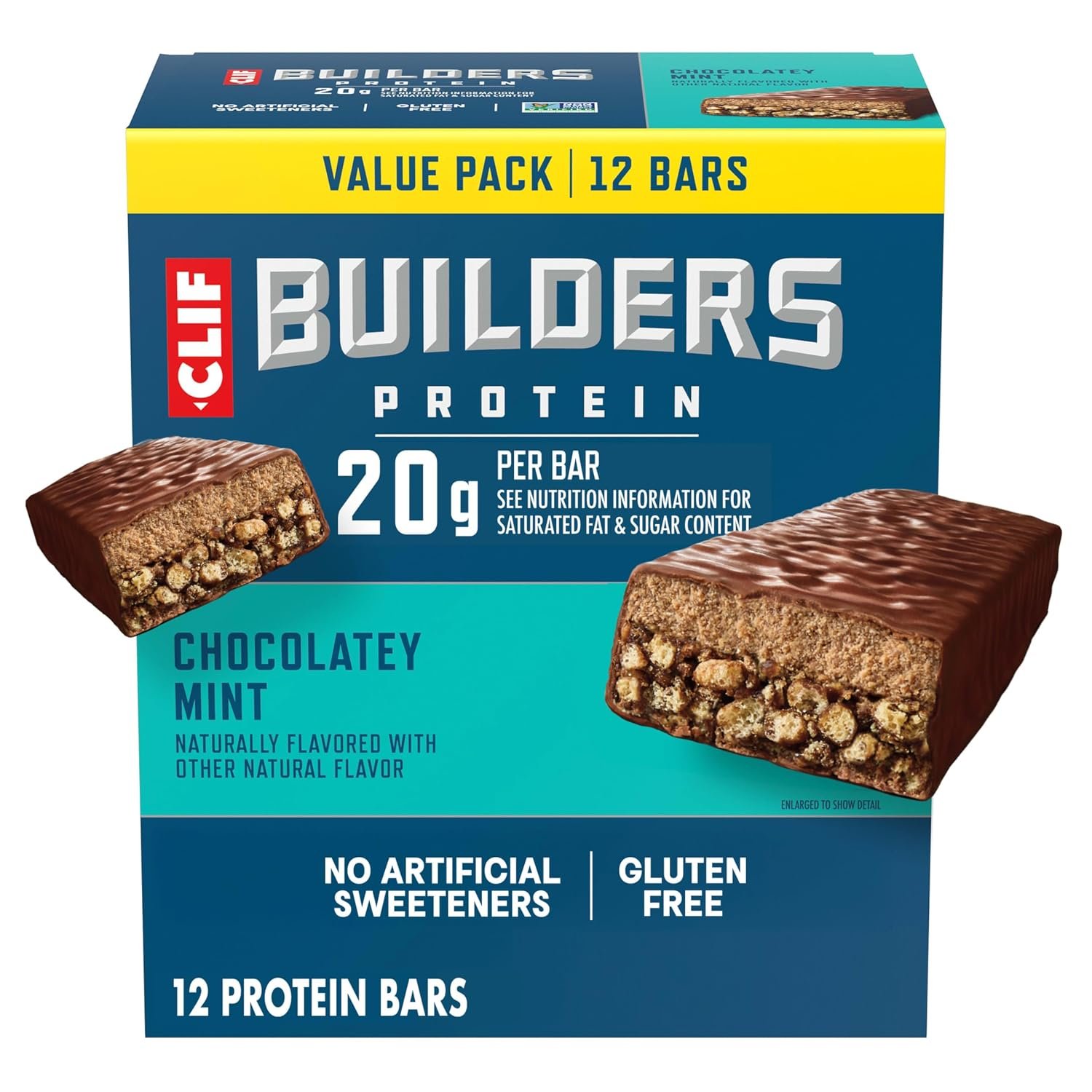 CLIF BUILDERS Protein Bars – Chocolatey Mint – 20g Plant Based Protein – Gluten Free – Non-GMO – Low Glycemic – No Artificial Sweeteners – 2.4 oz. (12 Pack)