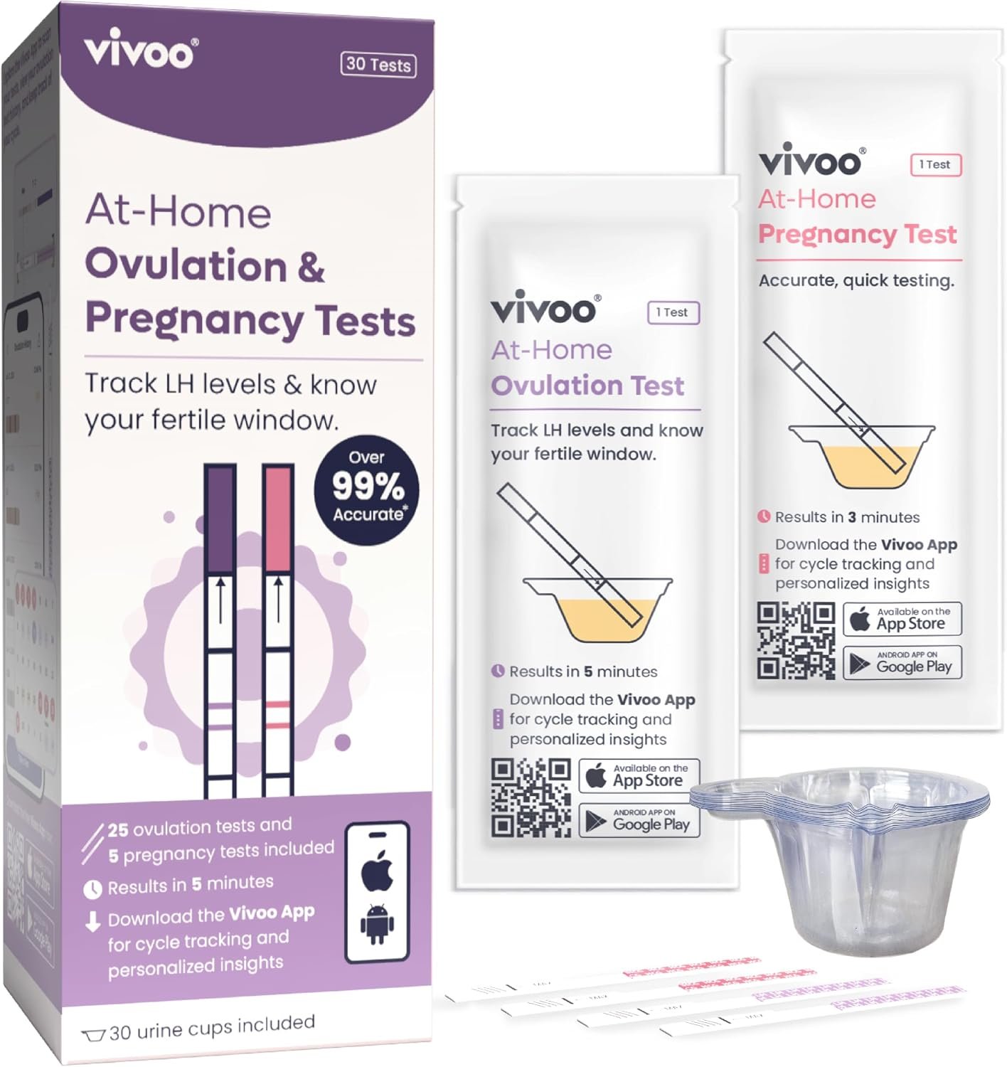 Vivoo Ovulation Test Strips and Pregnancy Test Kit — 25 LH Ovulation Tests + 5 HCG Pregnancy Tests + 30 Cups | 99.1% Accurate | 5-Min Results | Free App Cycle Tracker