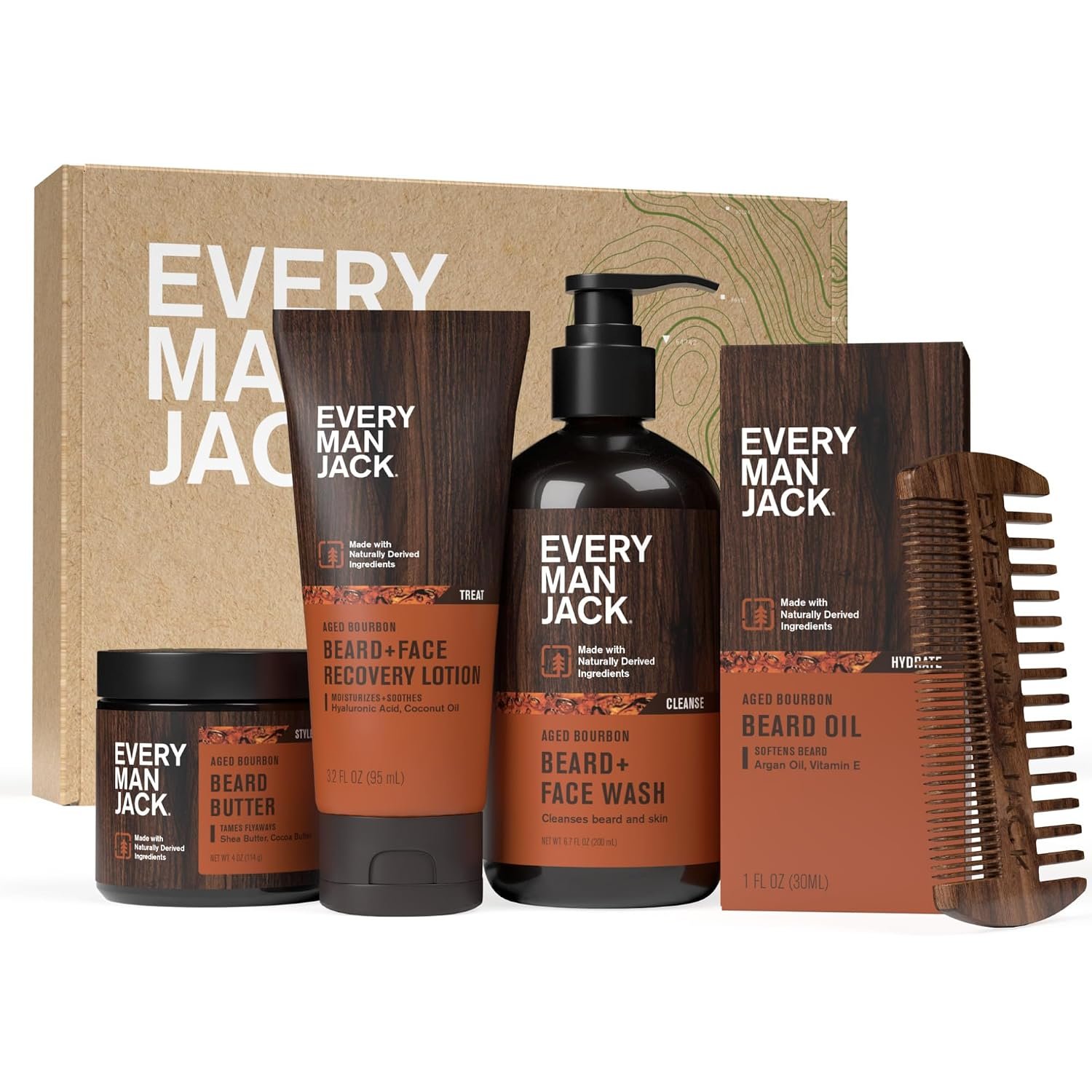Every Man Jack Complete Beard Care Kit for Men, Aged Bourbon, Gift Set
