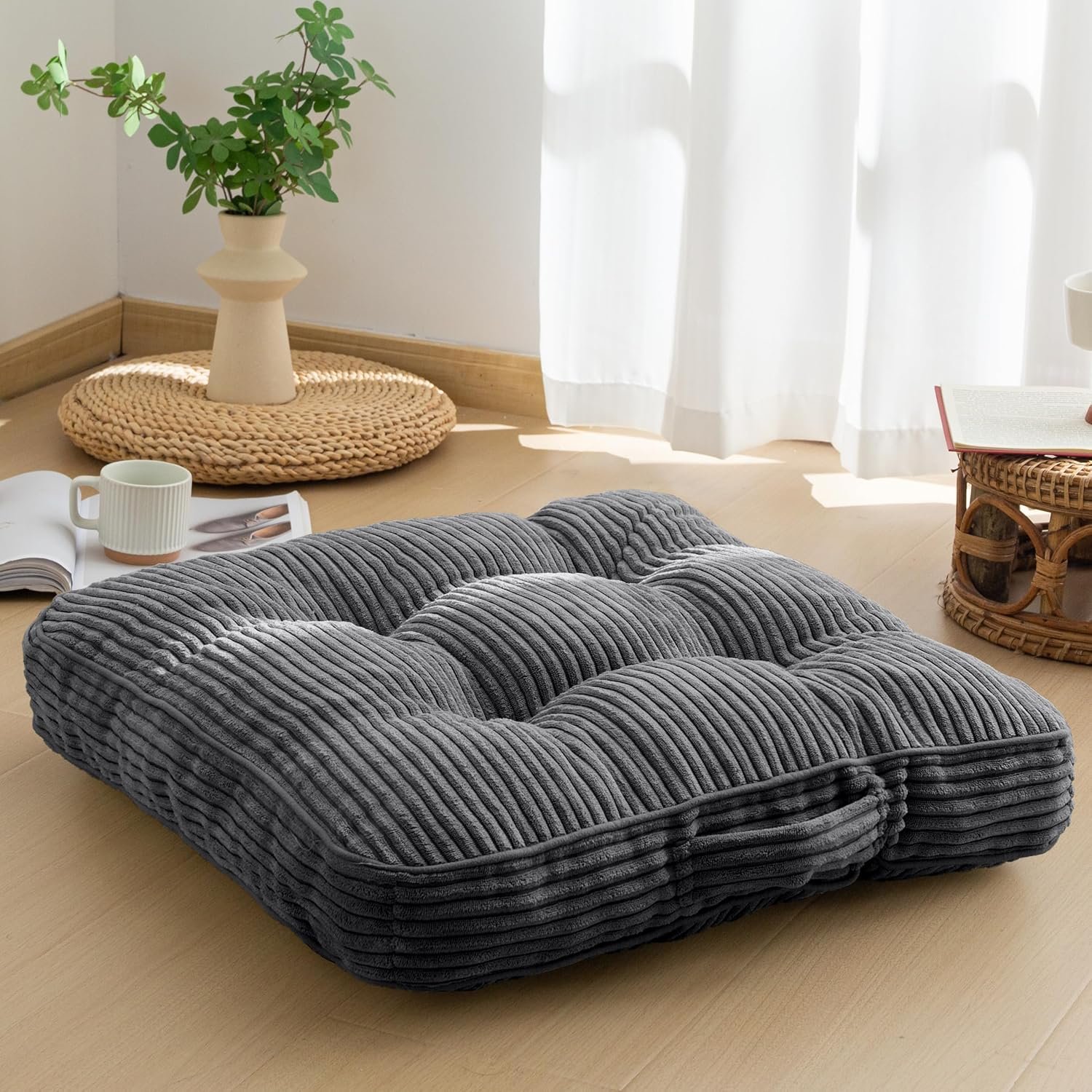 HIGOGOGO Floor Pillow Cushion for Adults, Meditation Cushion Pillow, Large Square Floor Sitting, Tufted Corduroy Cover, for Tatami Living Room or Yoga, Dark Grey