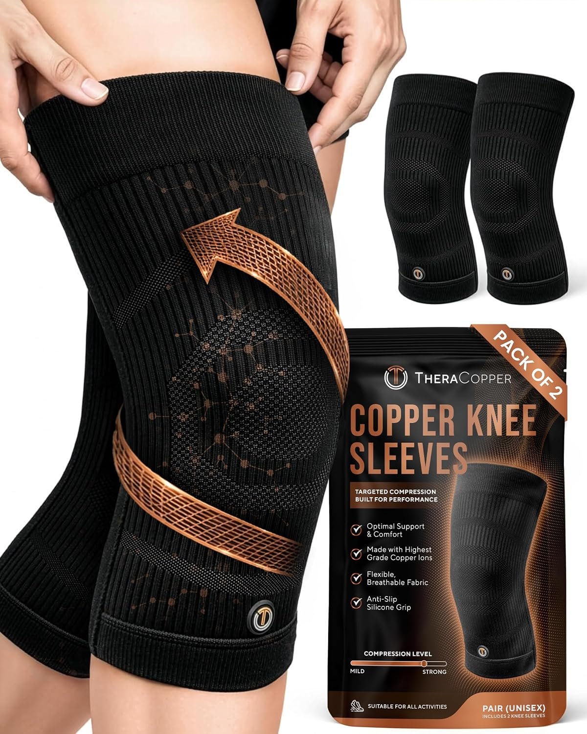 TheraCopper Copper Knee Brace for Women & Men (X-Large, 2 Pack)