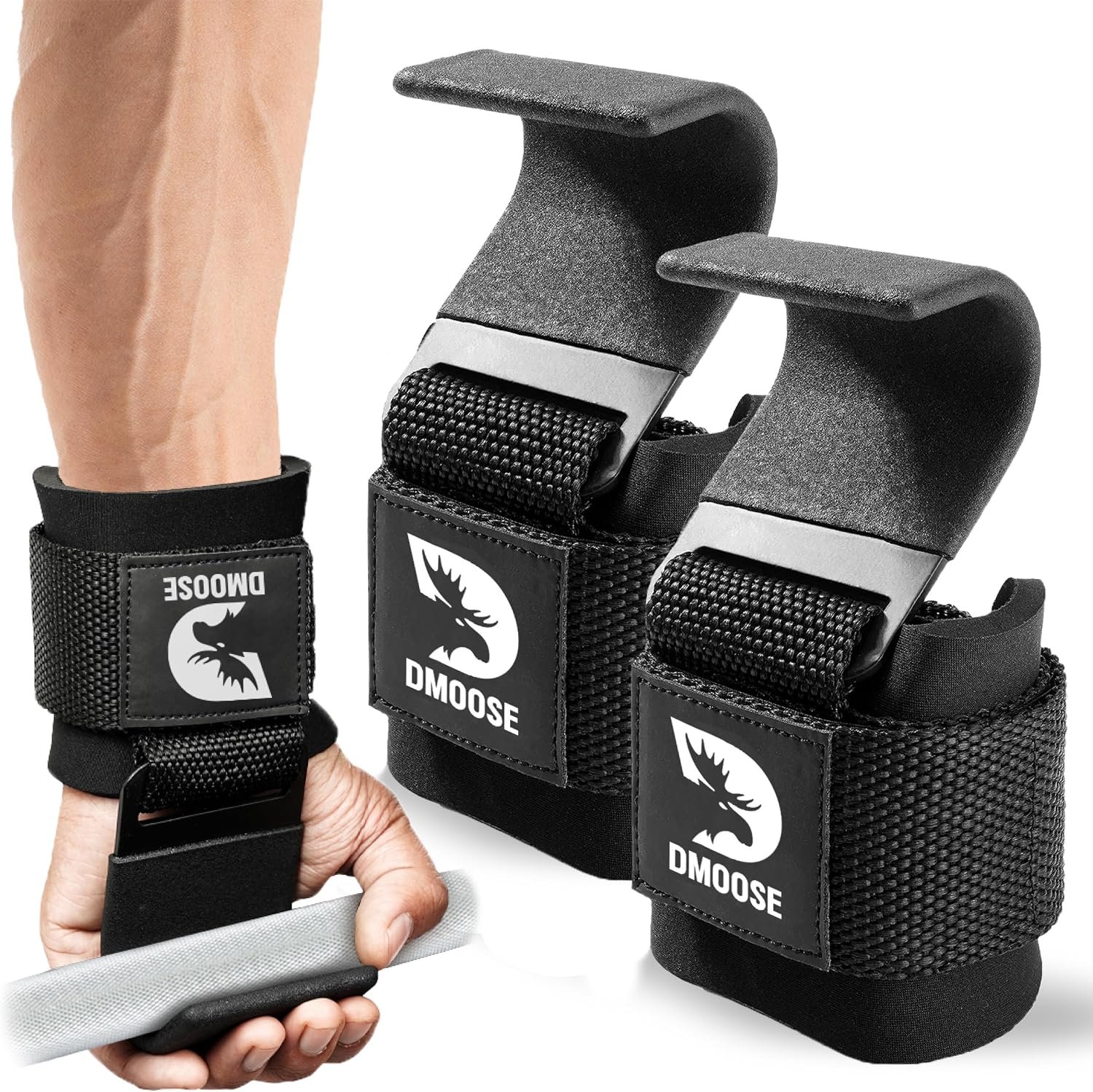 DMoose Fitness Weight Lifting Hooks (Pair) for Deadlifts, Pull Ups, Rows & Shrugs – Anti-Rip Nylon Strap Hand Grips with Thick Wrist Padding – Heavy Duty Wrist Straps for Weightlifting & Gym Workouts
