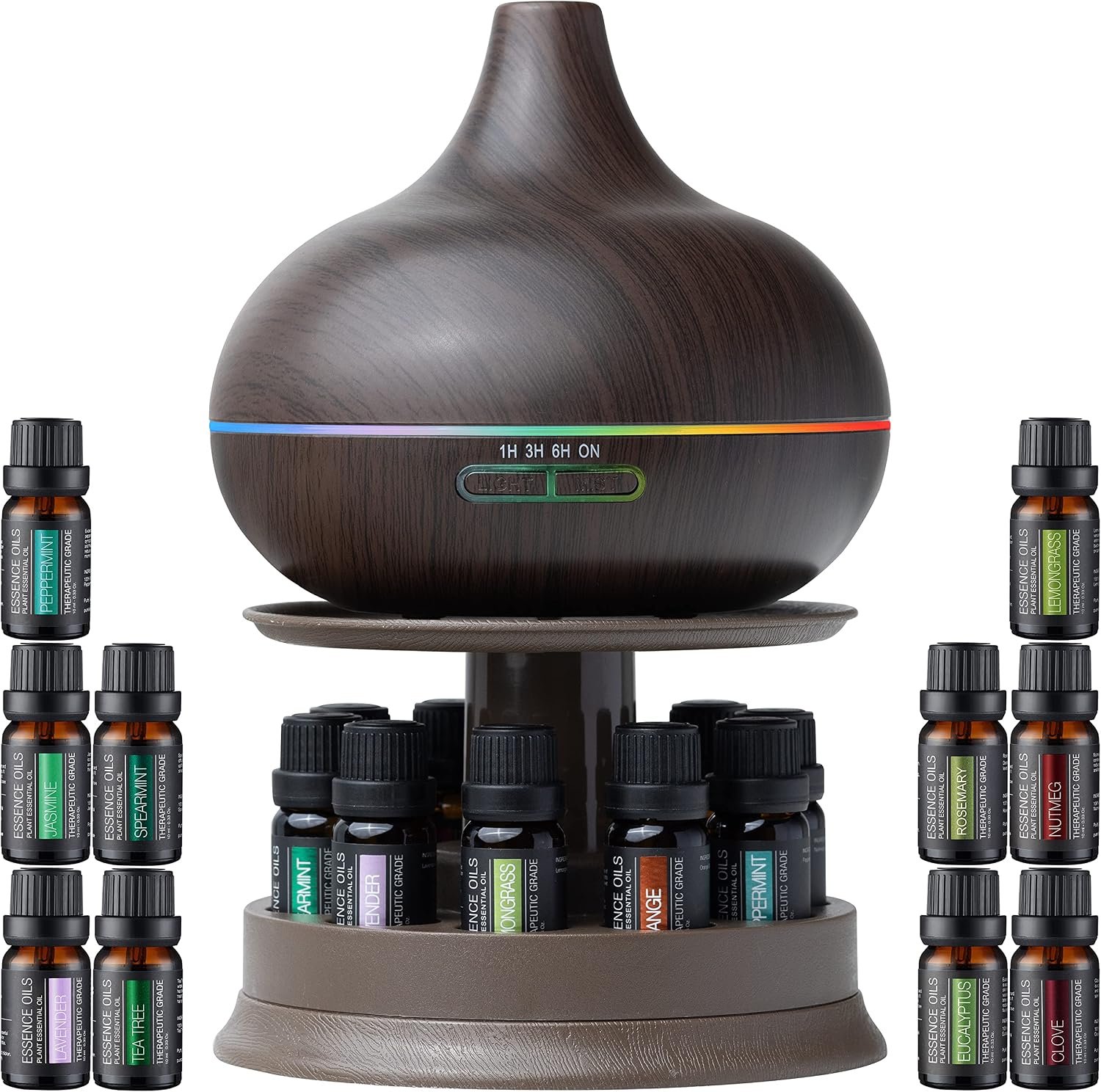 Pure Daily Care Ultimate Aromatherapy Diffuser with Essential Oil Set – 300ml Ultrasonic Diffuser, 4 Timer & 7 Ambient Light Settings – 10 Therapeutic Grade Essential Oils – Oak Wood with Stand