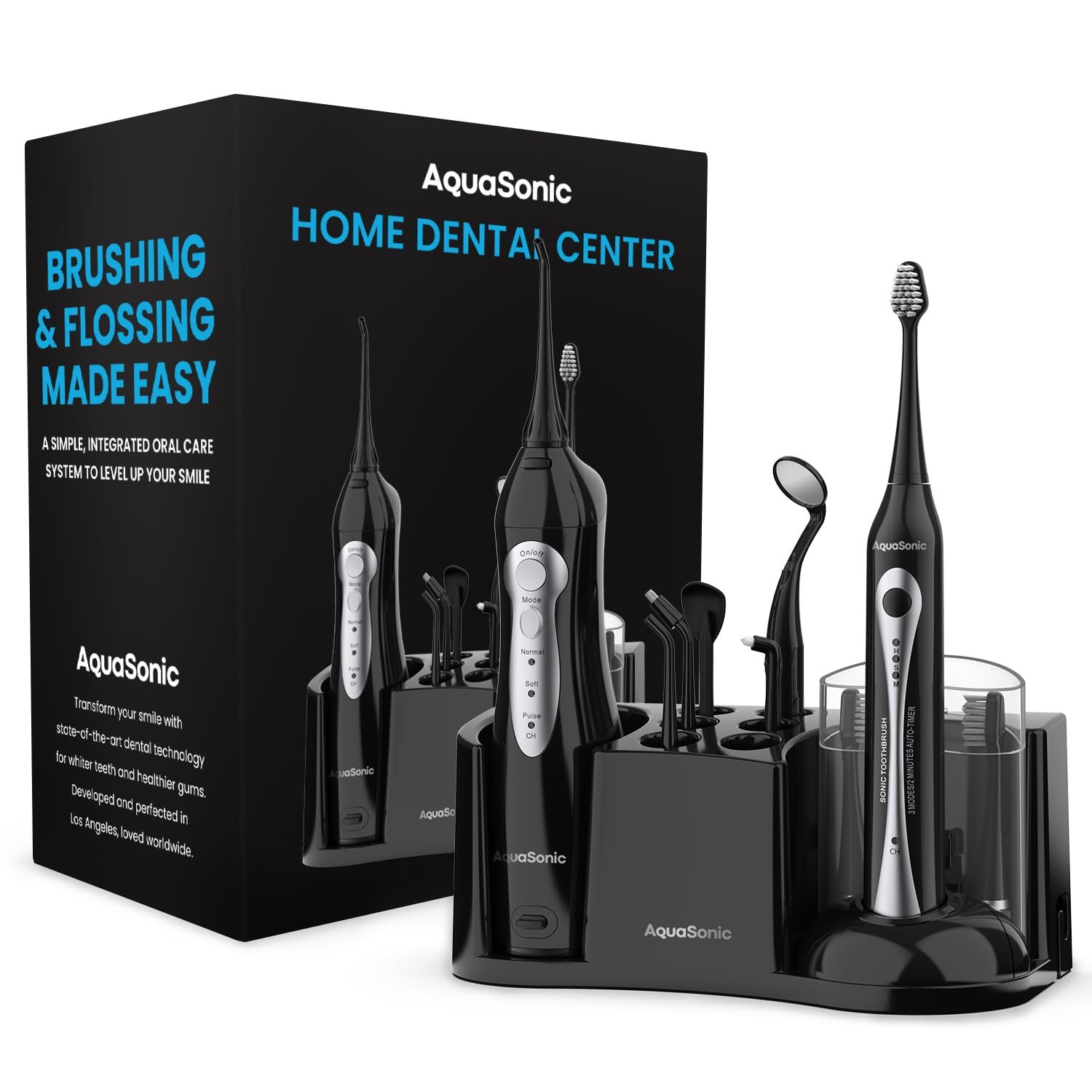 AquaSonic Home Dental Center Rechargeable Power Toothbrush & Smart Water Flosser – Complete Family Oral Care System – 10 Attachments and Tips Included – Various Modes & Timers (Black)