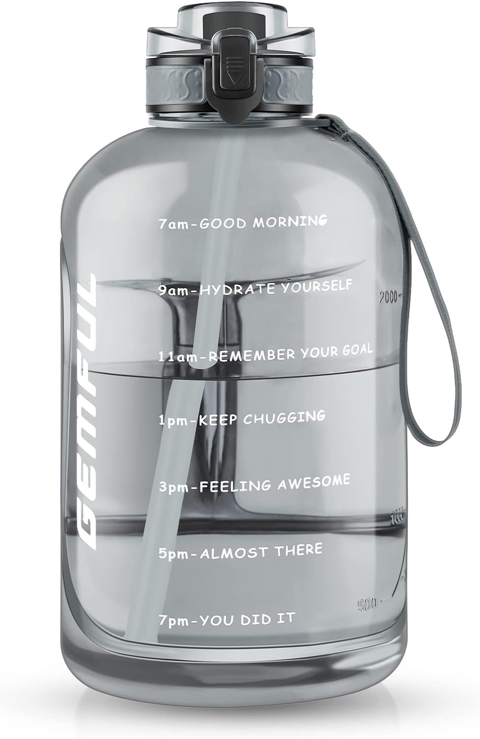 GEMFUL 3L Water Bottle with Measurements & Straw 100oz Leakproof Jug (Grey)
