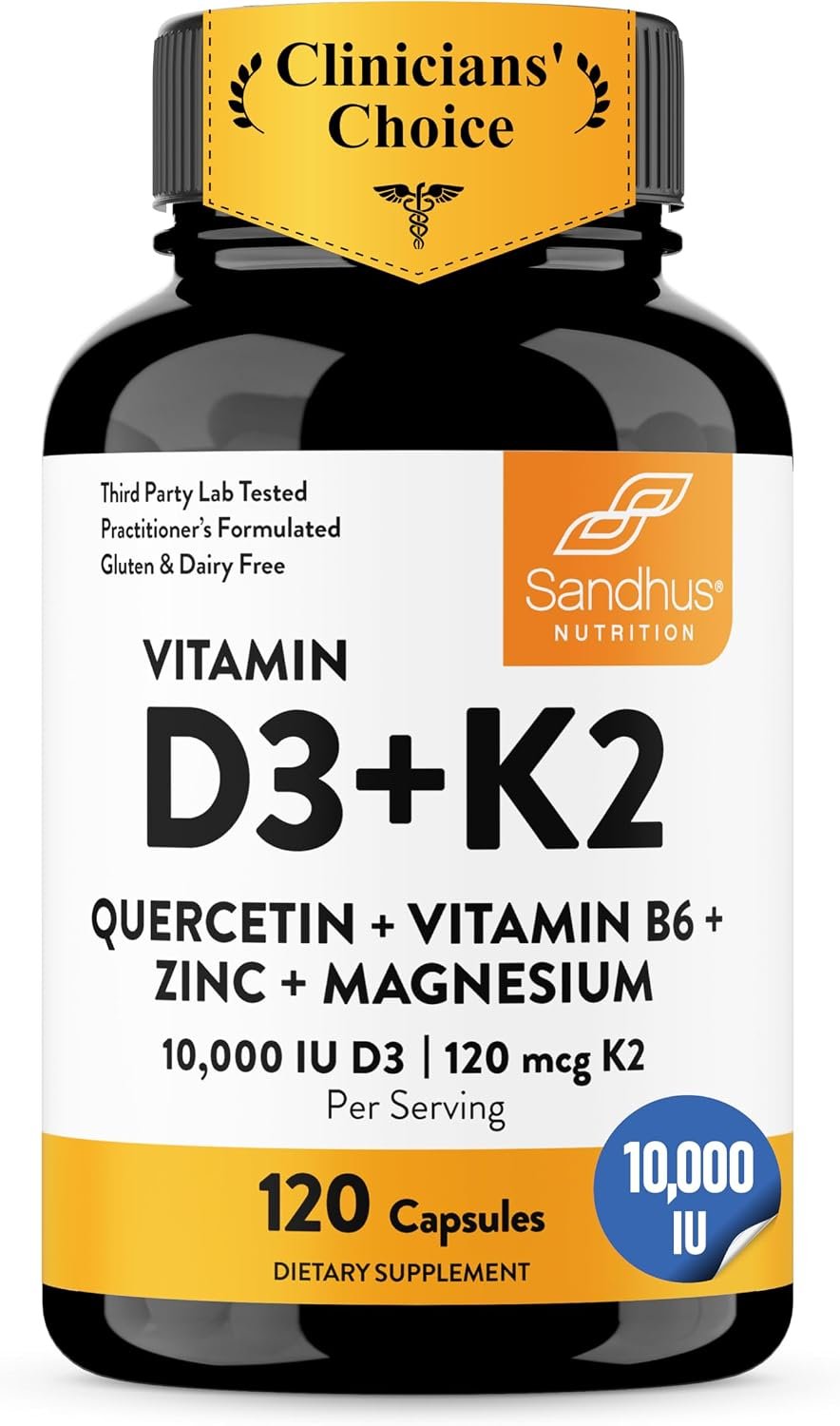 Vitamin D3 K2 10000 IU 120mcg Magnesium Zinc B6 Quercetin Capsules 120 Ct