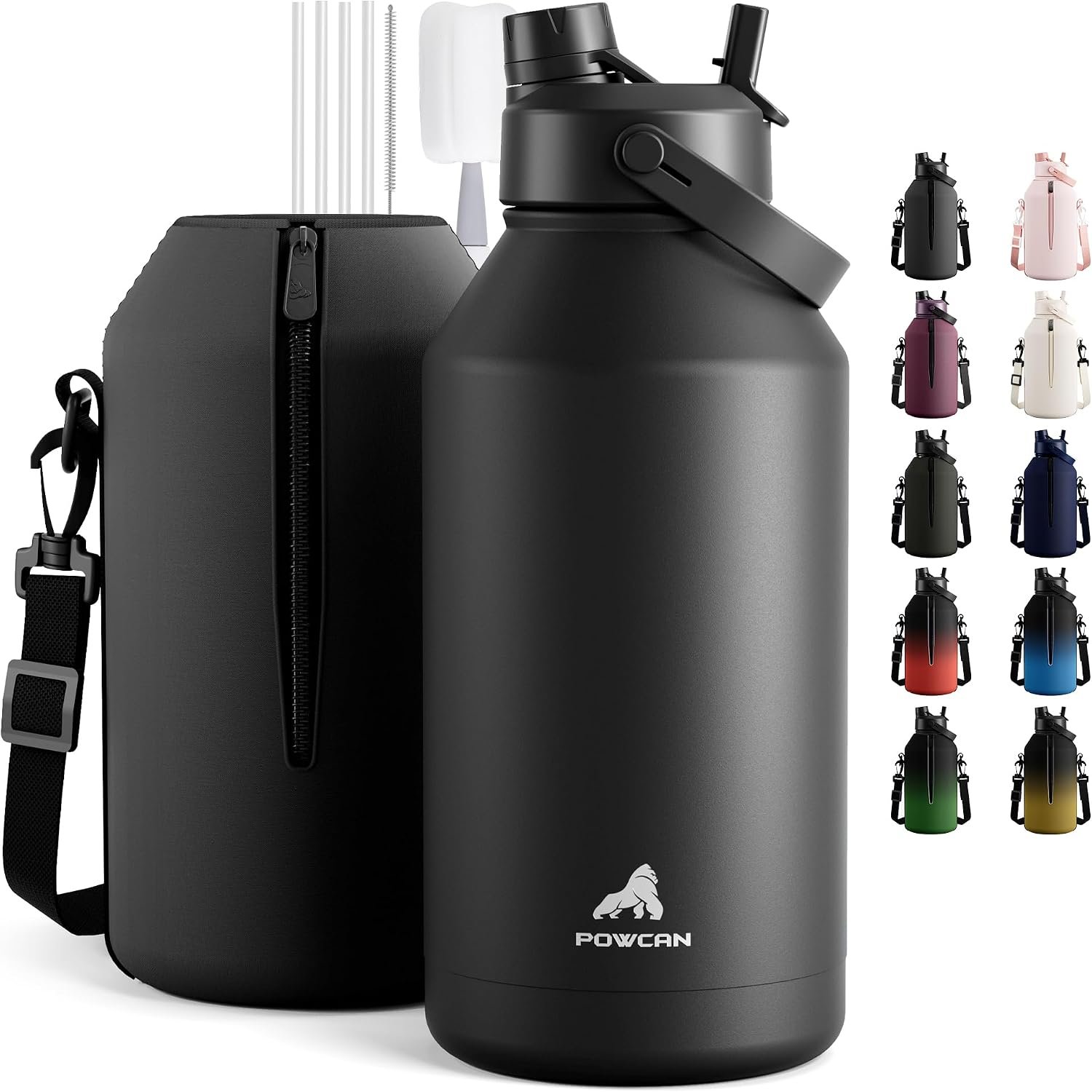 POWCAN 64 oz Insulated Water Bottle for Sports: 2-in-1 Straw & Spout Lid, Leakproof, Carrier Bag, Shoulder Strap, Keep Cold 48H, BPA-Free, Half Gallon Metal Water Jug for Gym, Travel, Gift (Midnight)