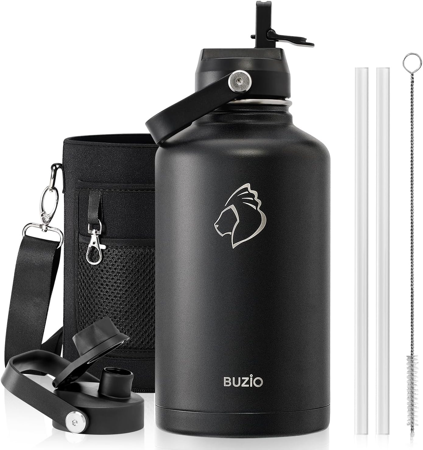BUZIO 64 oz Insulated Stainless Steel Water Bottle with Dust-proof Lids