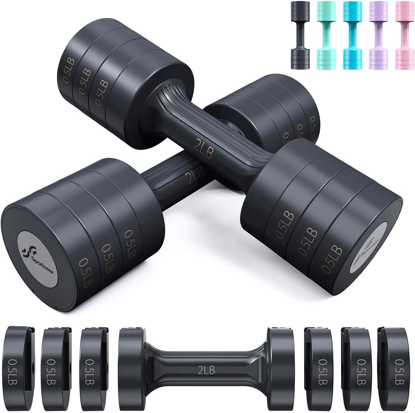 Sportneer Adjustable Dumbbells Hand Weights Set: 5 lb Dumbbell Set of 2 Each 2lb 3lb 4lb 5lb Free Weights Fast Adjust Weight 4 In 1 Weights Dumbbells Set for Women Men Home Gym Exercise Training