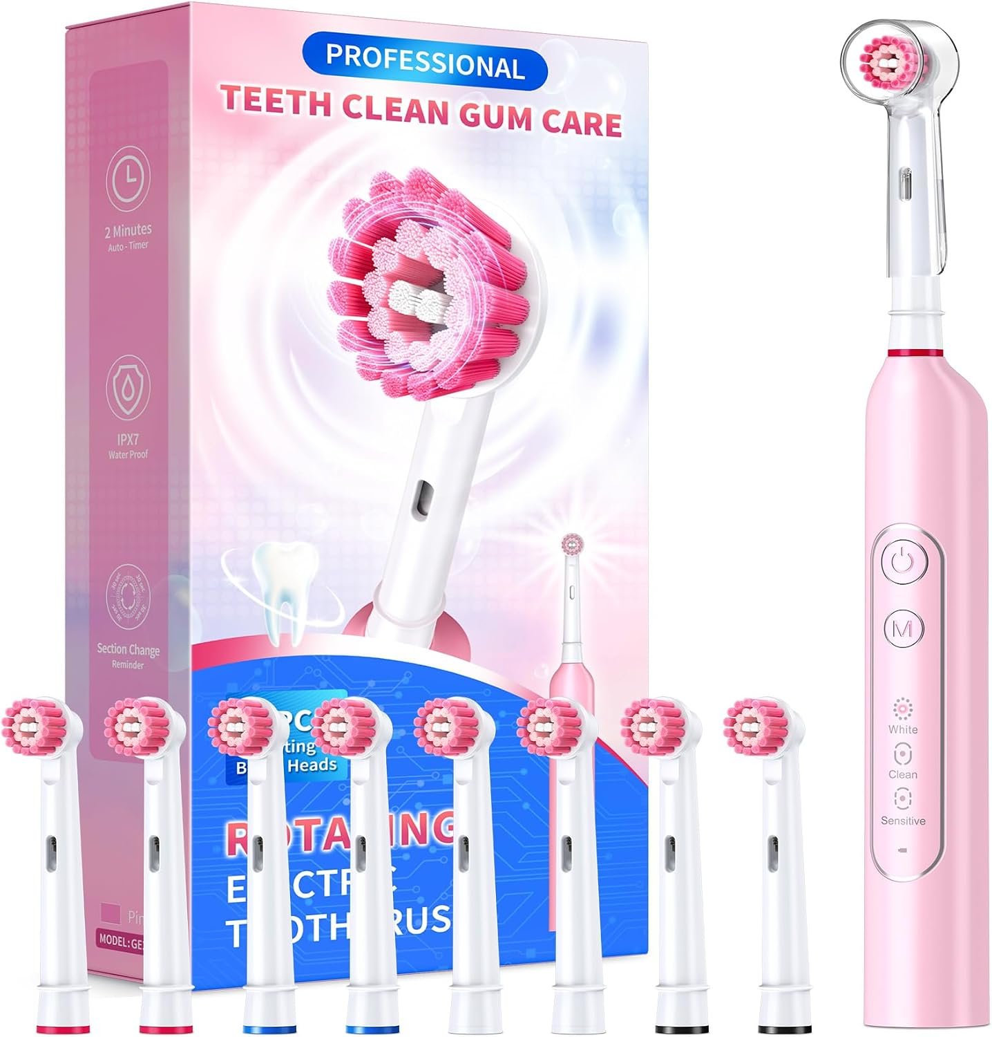 Demita Rotating Electric Toothbrush for Adults with 8 Brush Heads, Pink