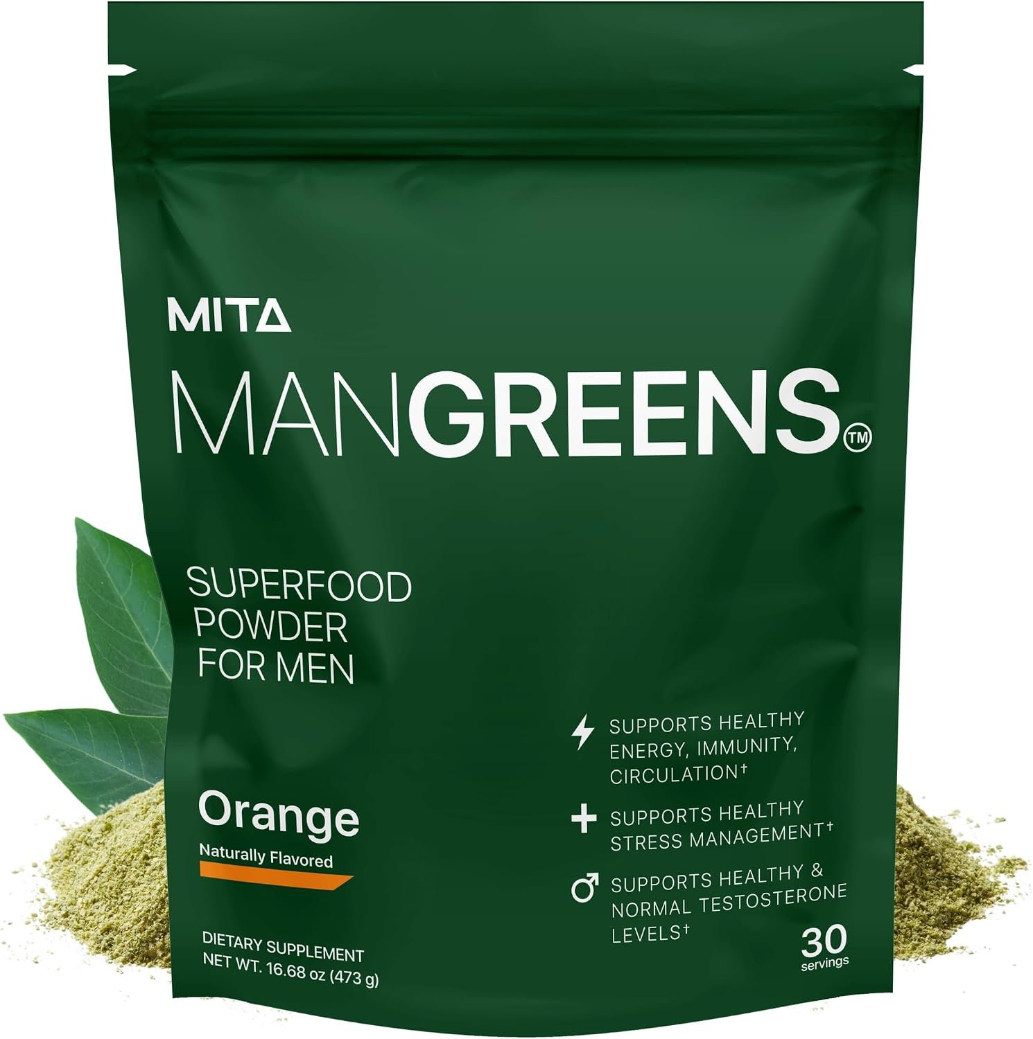 Man Greens Science Based Dosed Superfood Powder for Men with Tongkat Ali & KSM-66 Ashwagandha & More | Naturally Sweetened Greens & Adaptogen Supplement | Orange Flavor | 30 Servings