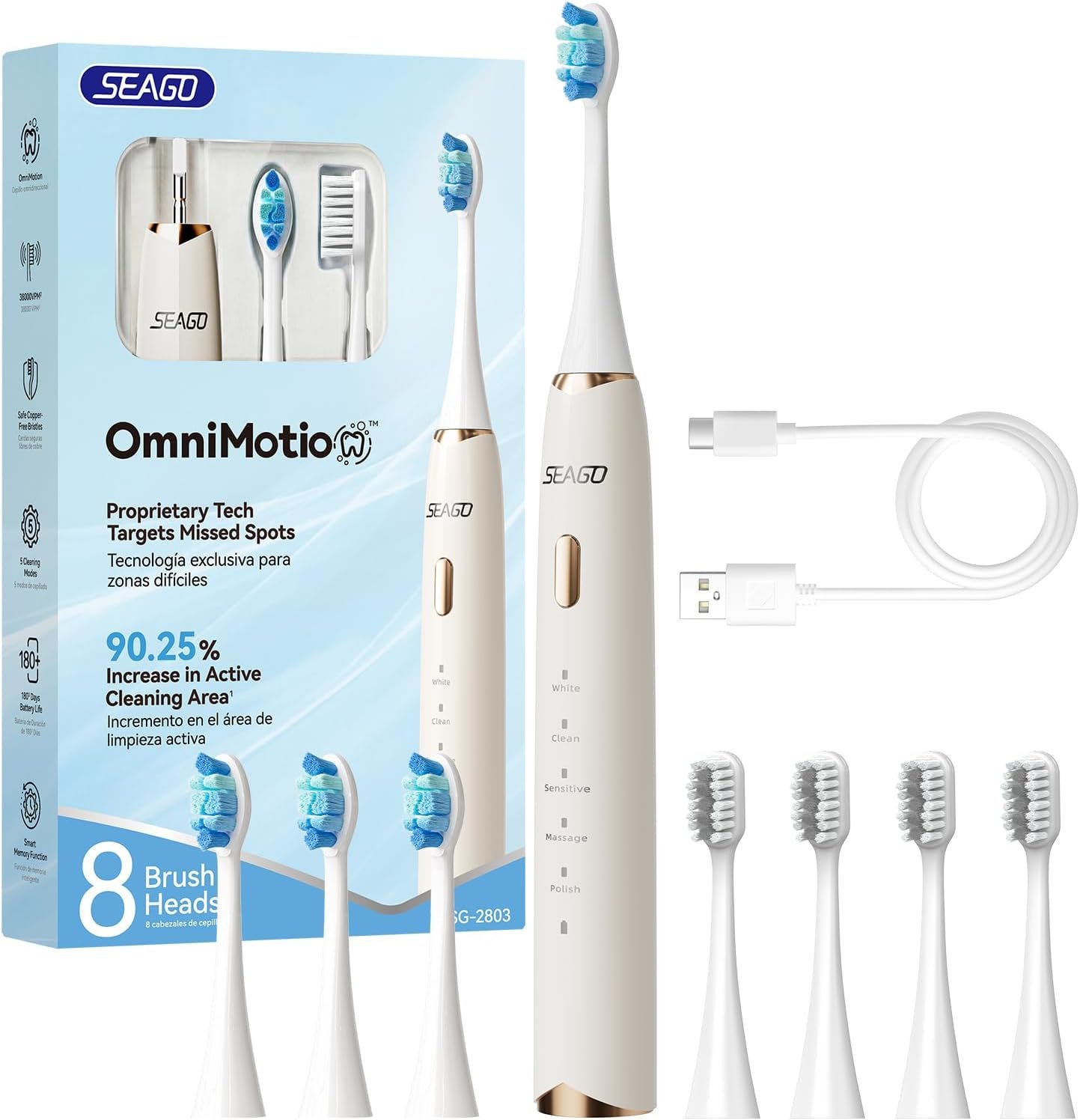 SEAGO Electric Toothbrush for Adults 180 Days Battery Life 5 Modes 8 Heads