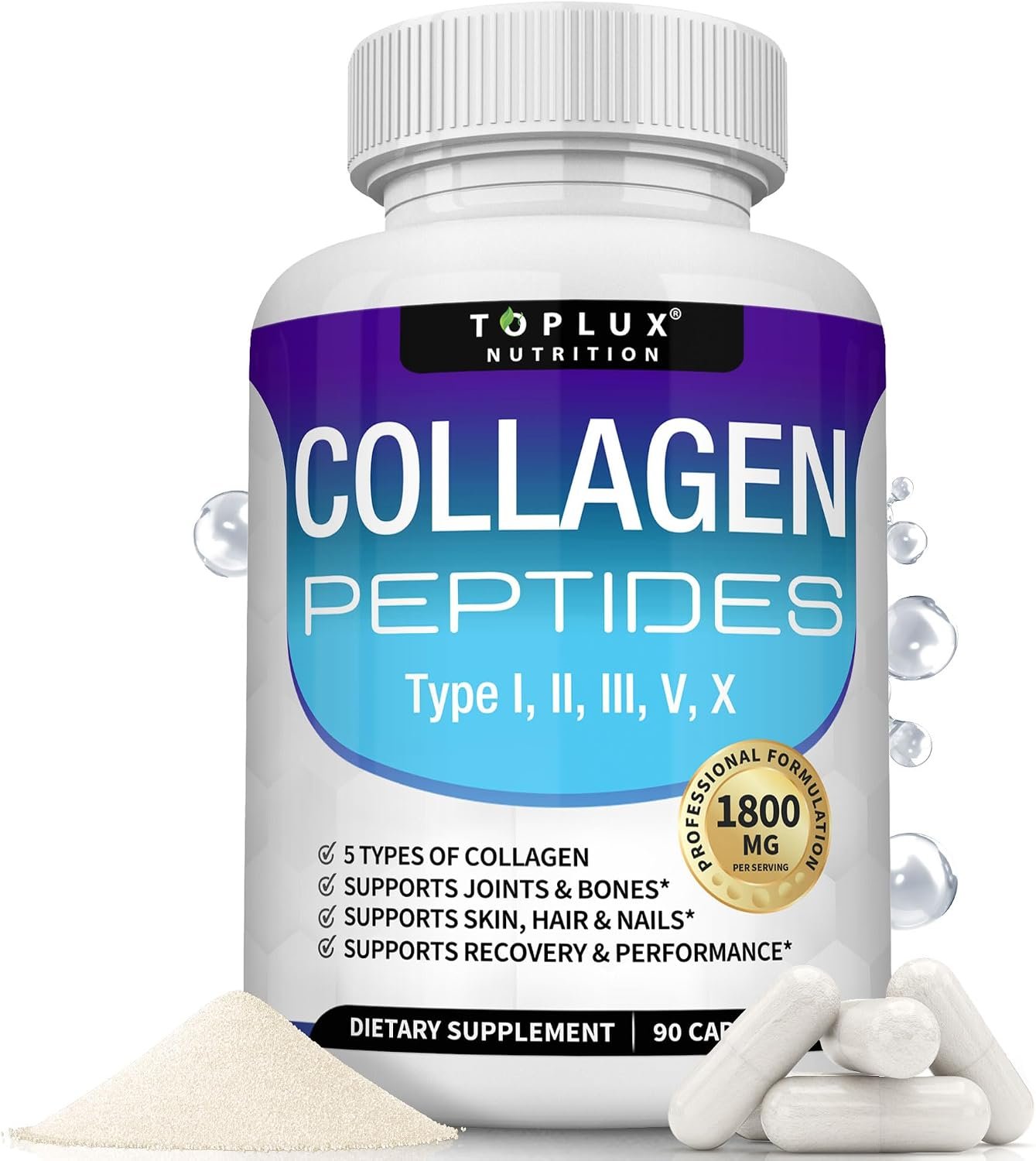 Toplux Multi Collagen Peptides Pills 1800 Mg Complex – Type I, II, III, V, X Premium Collagen Complex for Better Skin & Hair, Strong Joint, Hydrolyzed Protein, for Men Women, 90 Capsules, Supplement