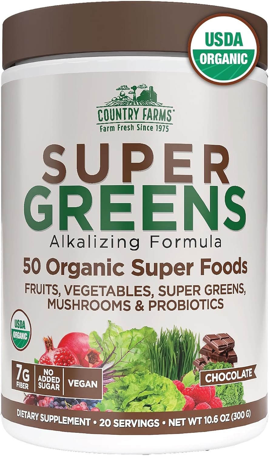 Country Farms Organic Super Greens Powder, Chocolate Flavor, Daily Greens with Fiber, Mushrooms & Probiotics for Gut Health and Energy