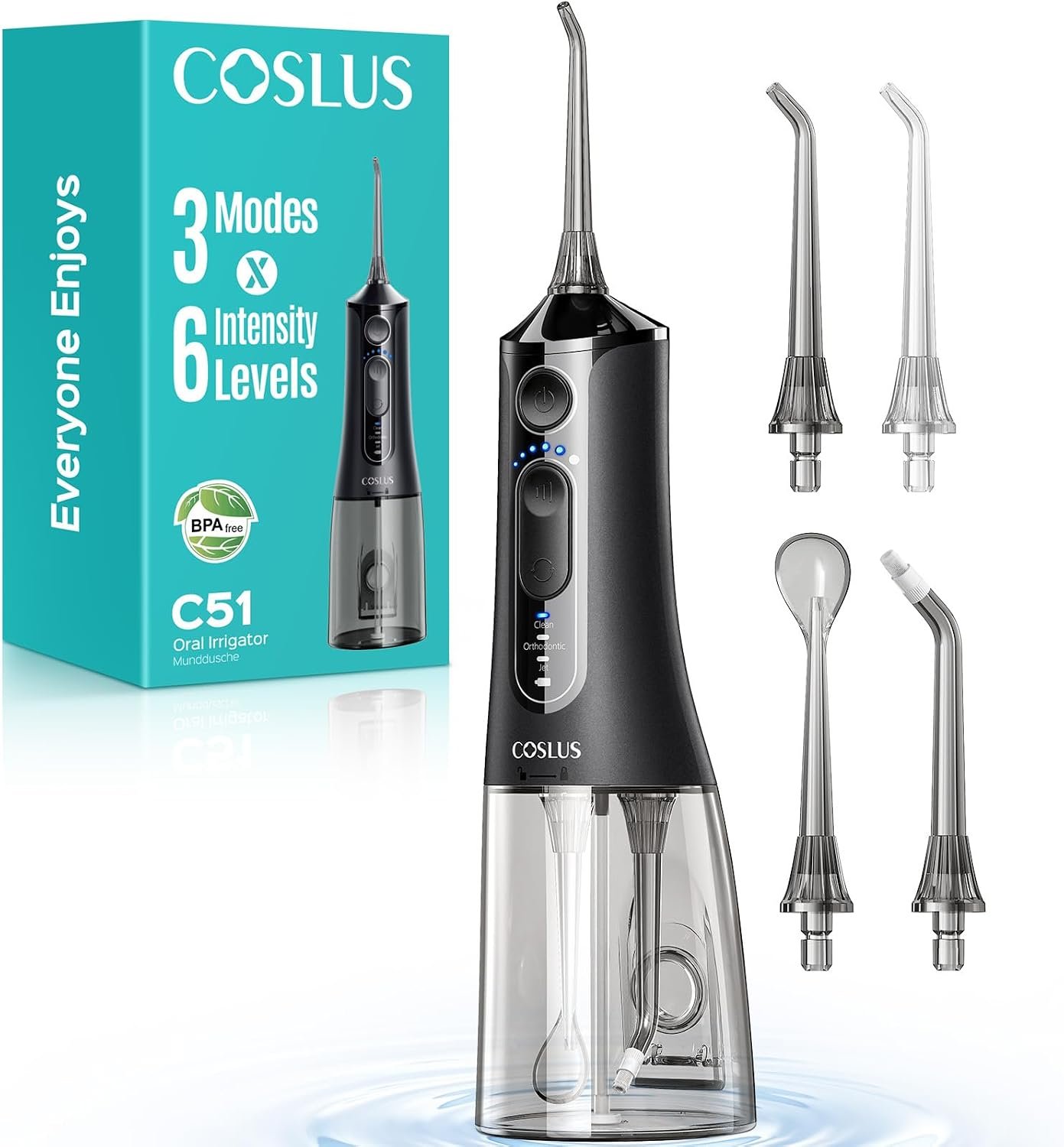 COSLUS ADA Accepted C51 Water Dental Flosser, 3 Modes 6 Pressure Black