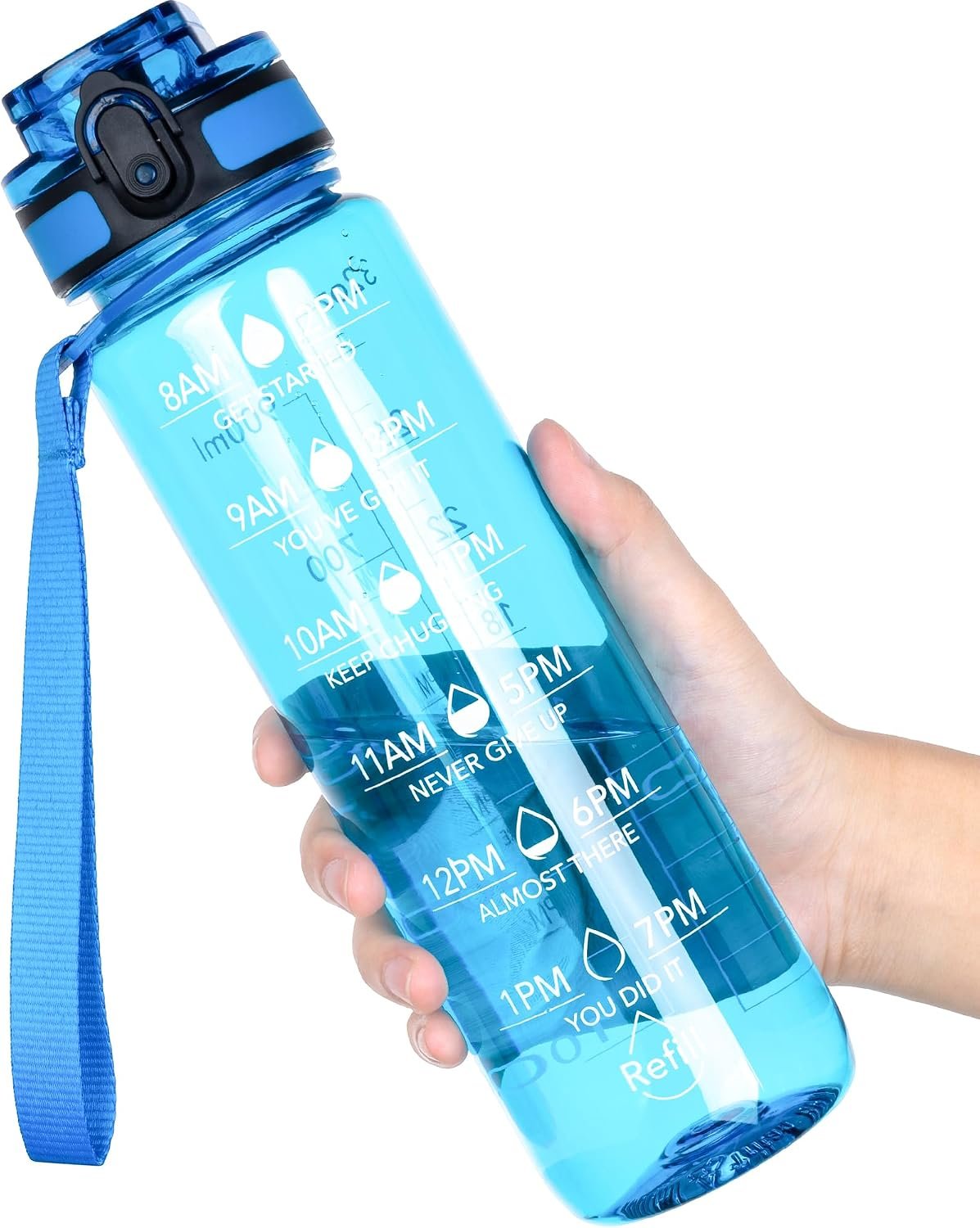 OLDLEY Water Bottle, 32oz Motivational Sports Water Bottle with Time Marker – Times to Drink – Tritan, BPA Free, Wide Mouth Leakproof, Glacial Blue (1 Bottle)
