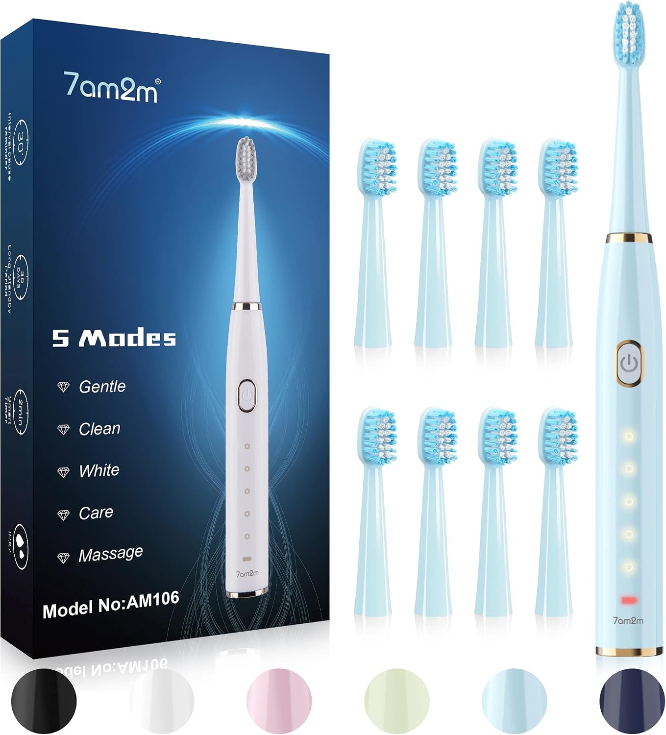 7AM2M Sonic Electric Toothbrush for Adults and Kids- High Power Rechargeable Toothbrushes with 8 Brush Heads,5 Adjustable Modes, Built-in 2-Minute Smart Timer,4 Hours Fast Charge for 30Days (Blue)