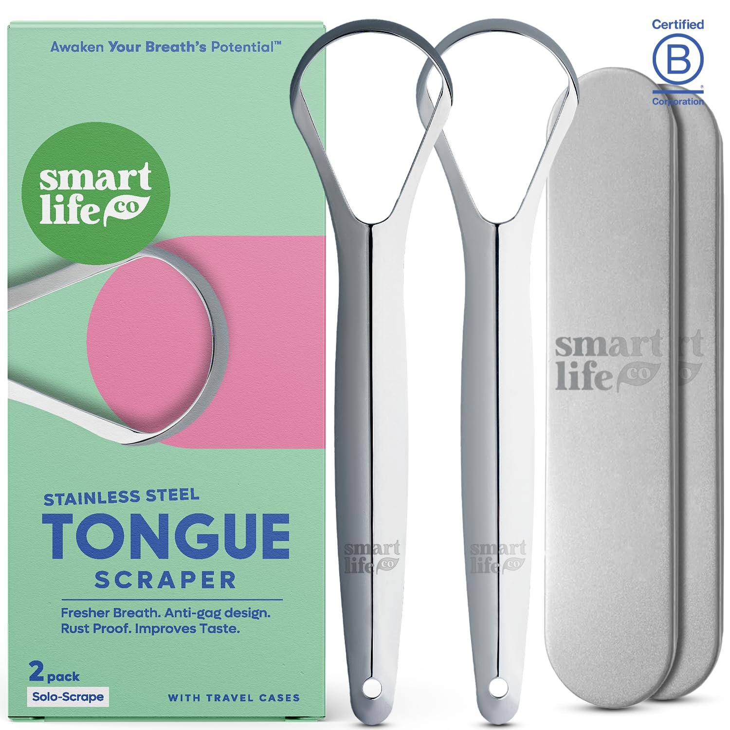 Tongue Scraper For Adults & Kids – 2 Pack Stainless Steel Tongue Scraper Travel Metal Case | Mouth Cleaner For Bad Breath Treatment | Best Disposable No Plastic Scrubber | Oral Care Hygiene Essentials