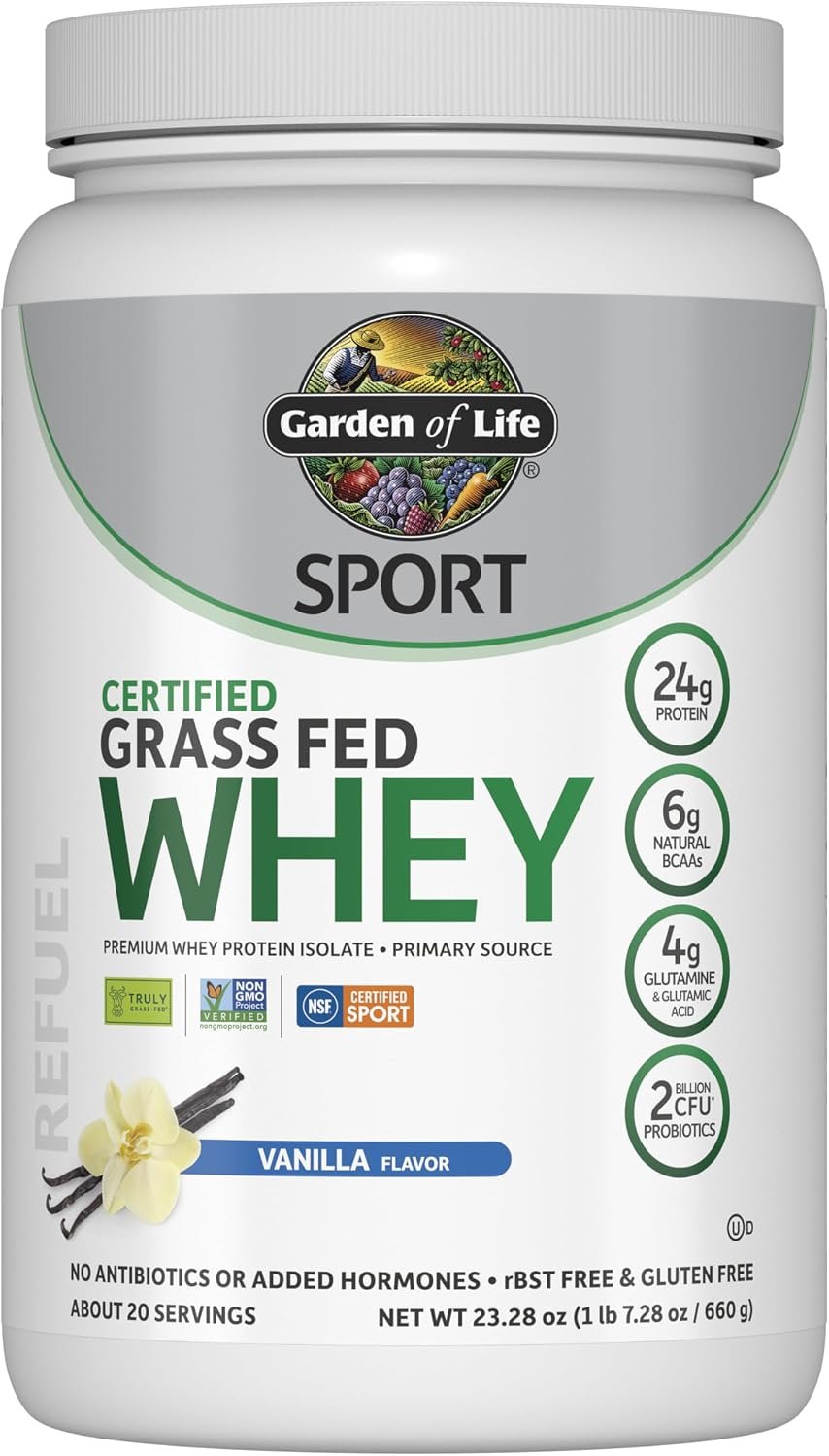 Garden of Life SPORT Grass Fed Whey Protein Powder, Vanilla, 20 Servings