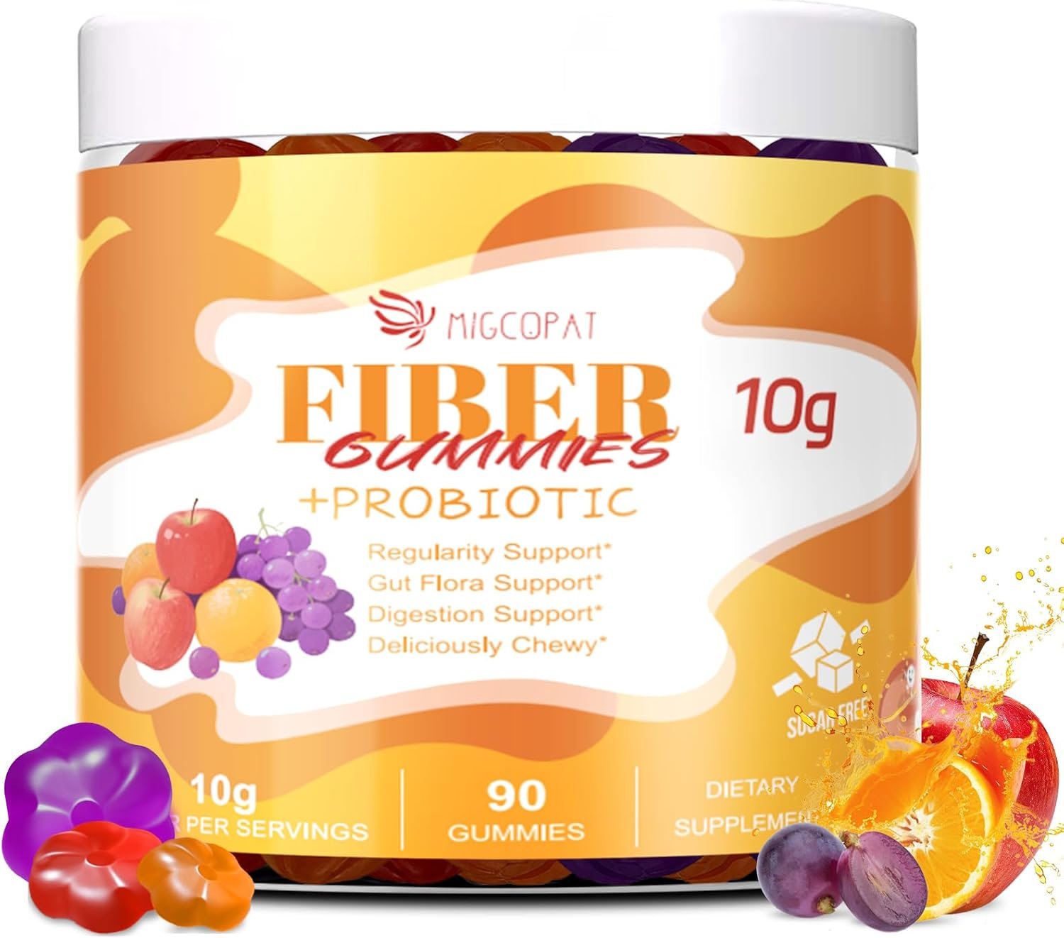 Migcopat 10G Fiber Gummies with Probiotics, Fiber Supplement with 30 Billion CFU Probiotics Blend, ACV, Vitamin C, Inulin – Support Digestive Health – No Sugar Added – Fruit Flavored – 90 Count