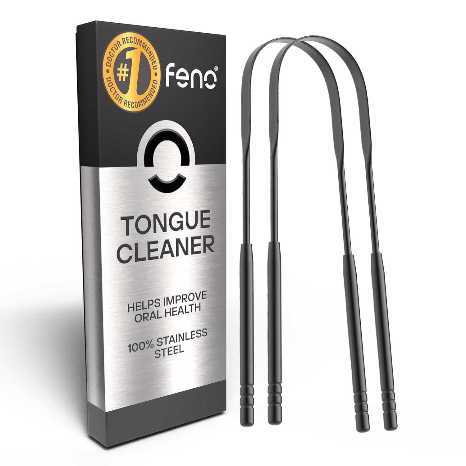 Feno Tongue Scraper, Black Stainless Steel Cleaner, Fresh Breath, 2-Pack
