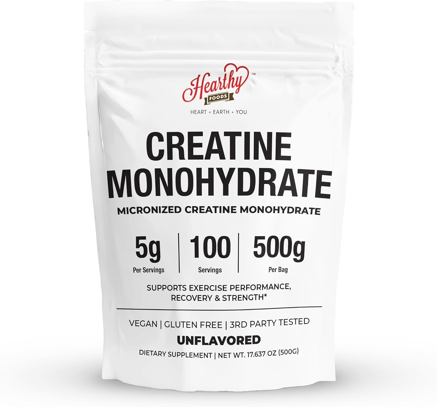 HEARTHY FOODS Creatine Monohydrate Micronized Powder 500G – 100 Servings, 5000mg Per Serving (5g) – for Men & Women Muscle Growth & Recovery – UNFLAVORED
