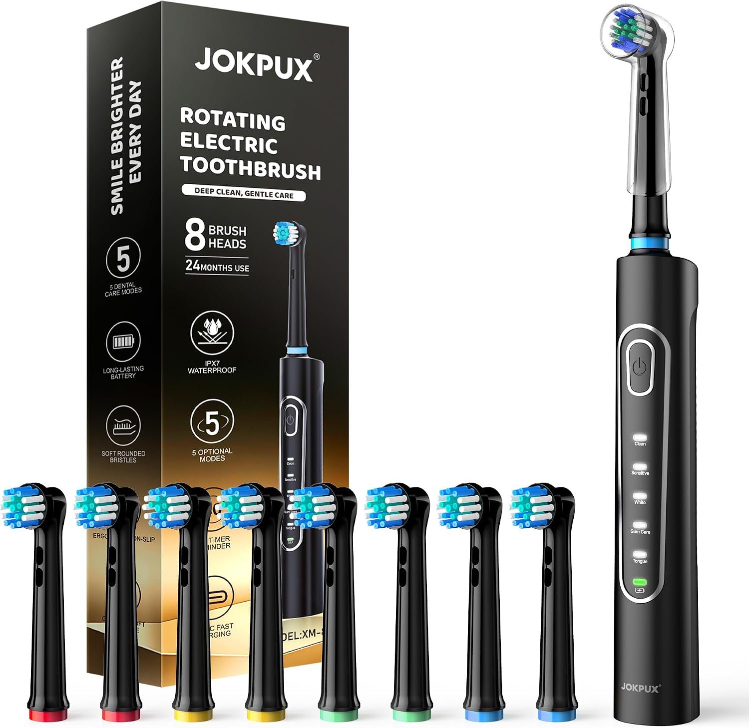 Rotating Electric Toothbrush forAdults,8Brush Heads,75Days Use,Black