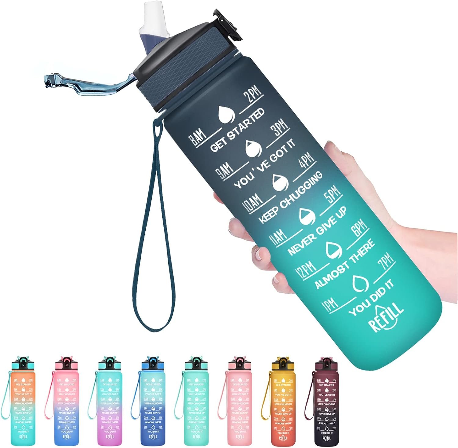 Hyeta Water Bottle with Straw & Time Marker, Plastic 32oz Leakproof