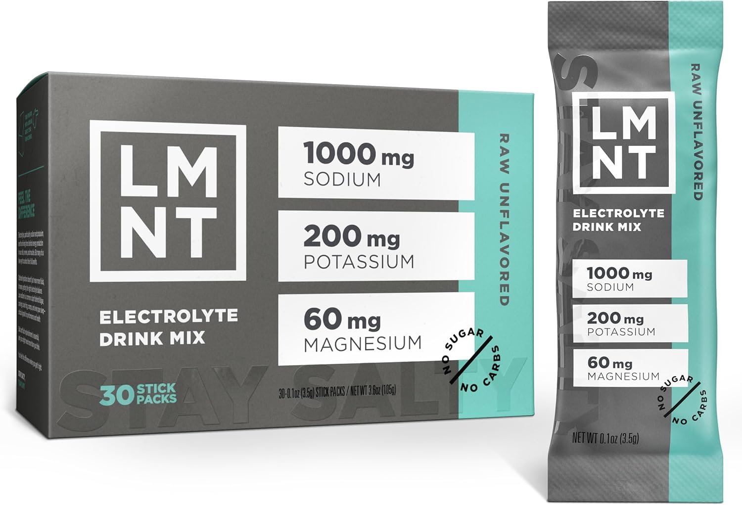 LMNT Zero Sugar Electrolytes – Raw Unflavored Salt | Drink Mix | 30-Count