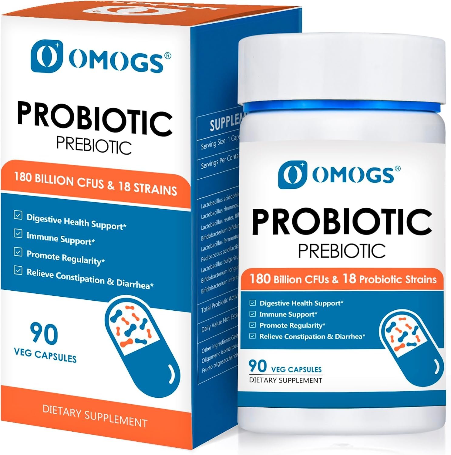 OMOGS Probiotics 180 Billion CFUs 18 Strains, 3 Prebiotics, Helps Digestive, Gut Health, Immune, Supports Occasional Constipation, Diarrhea & Gas – for Women & Men, 90 Capsules