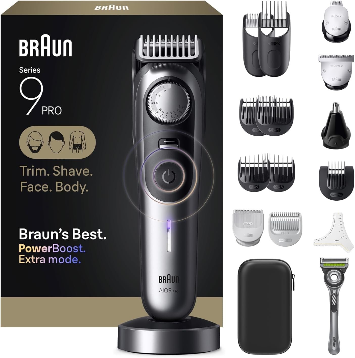 Braun All-in-One Series 9 PRO Men’s Electric Beard Trimmer, Hair Clipper, Shaver & Razor for Face, Hair & Body, AIO 9570 with Gillette Labs Razor, Cordless