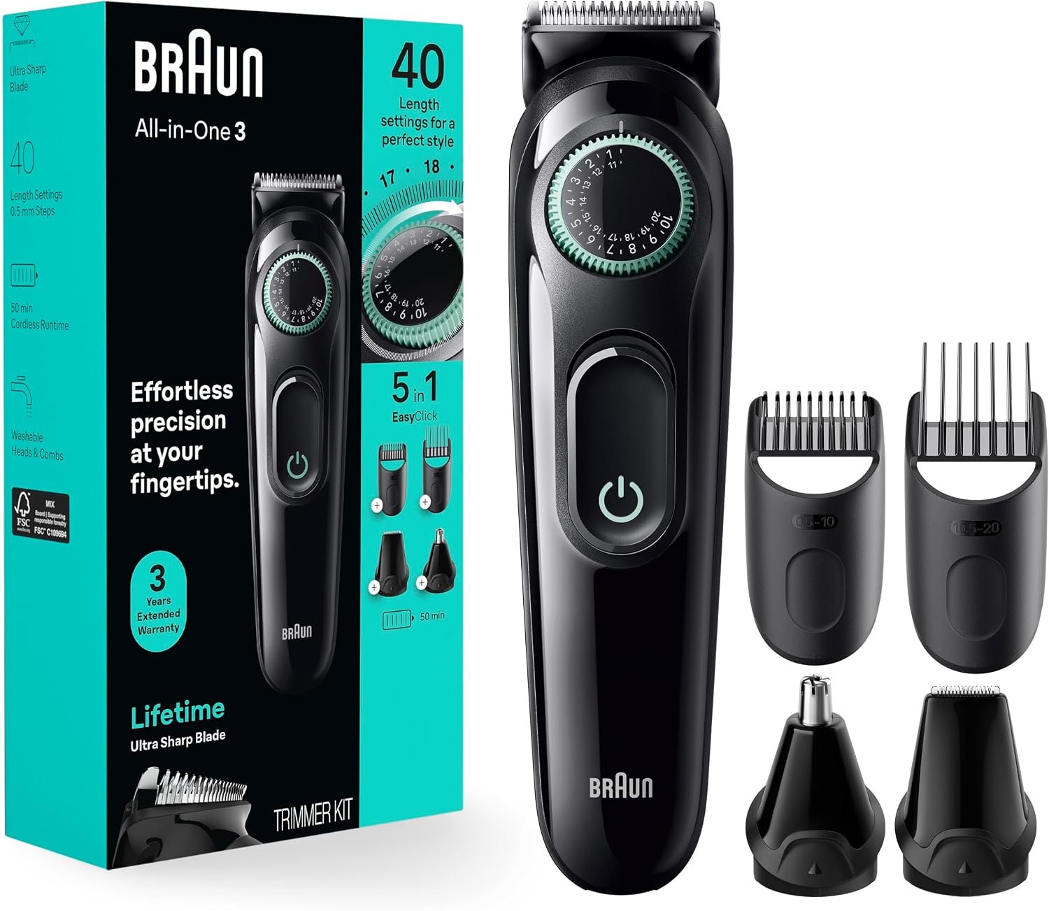 Braun All-in-One Style Kit Series 3 3450, 5-in-1 Trimmer for Men with Beard Trimmer, Ear & Nose Trimmer, Hair Clippers & More, Ultra-Sharp Blade, 40 Length Settings and Washable