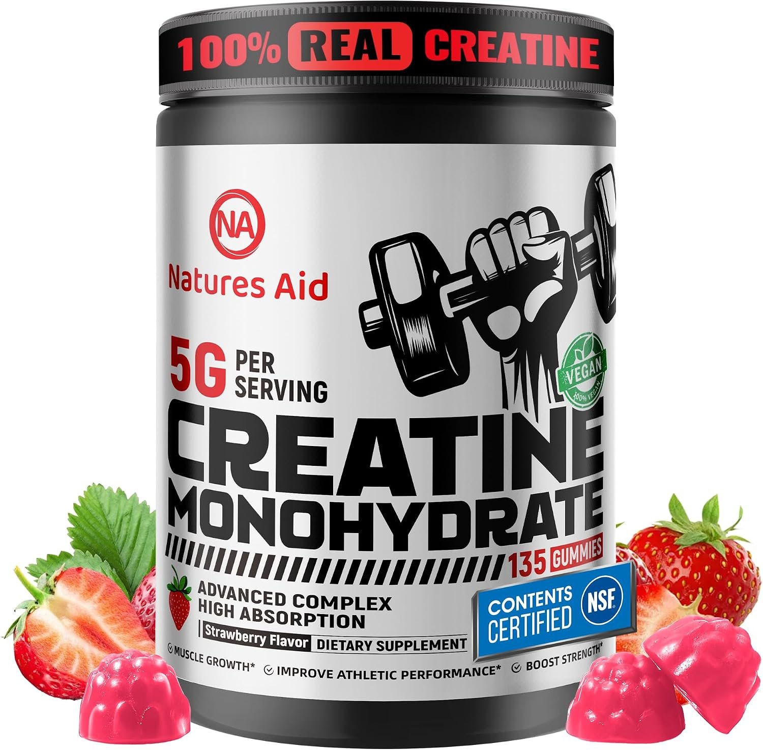 Natures Aid NSF Certified Creatine Gummy 5g – Creatine Monohydrate Gummies – Pre-Workout Energy & Muscle Growth Support for Men & Women | Strawberry Electrolyte Gummies (135 Count)