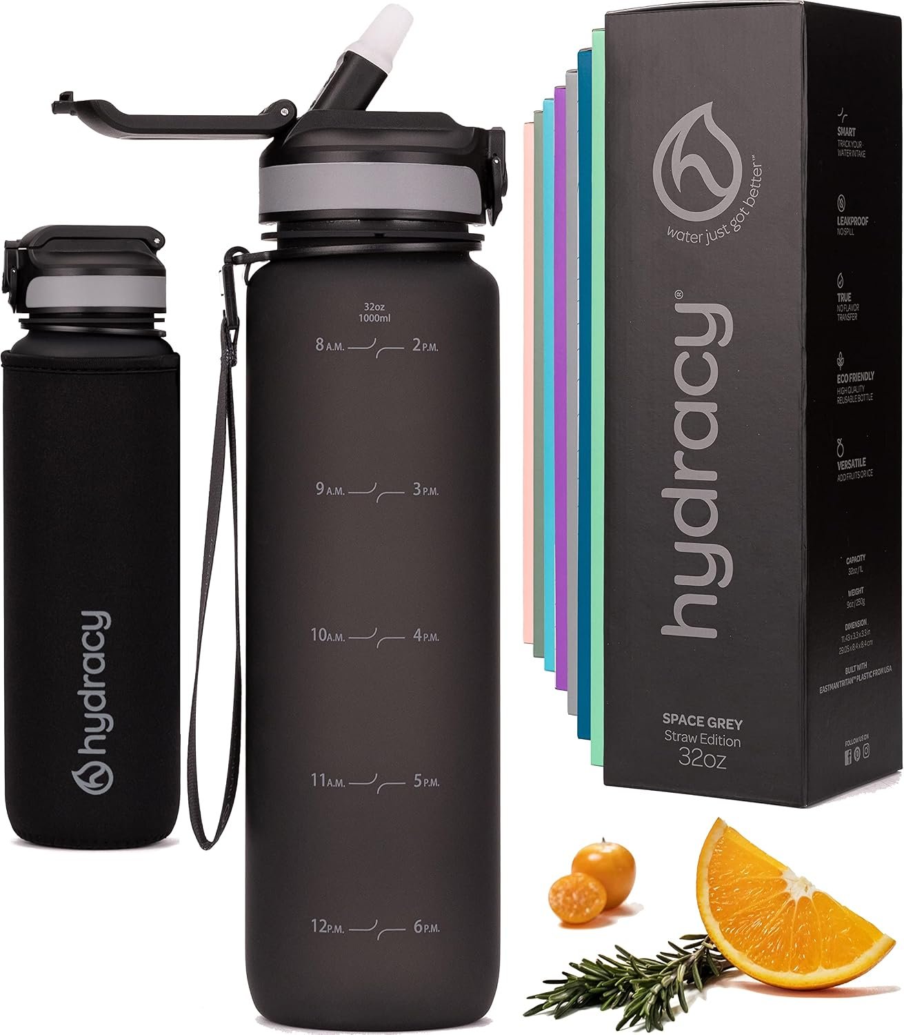 Hydracy Motivational Water Bottle with Time Marker and Straw Lid 32 oz