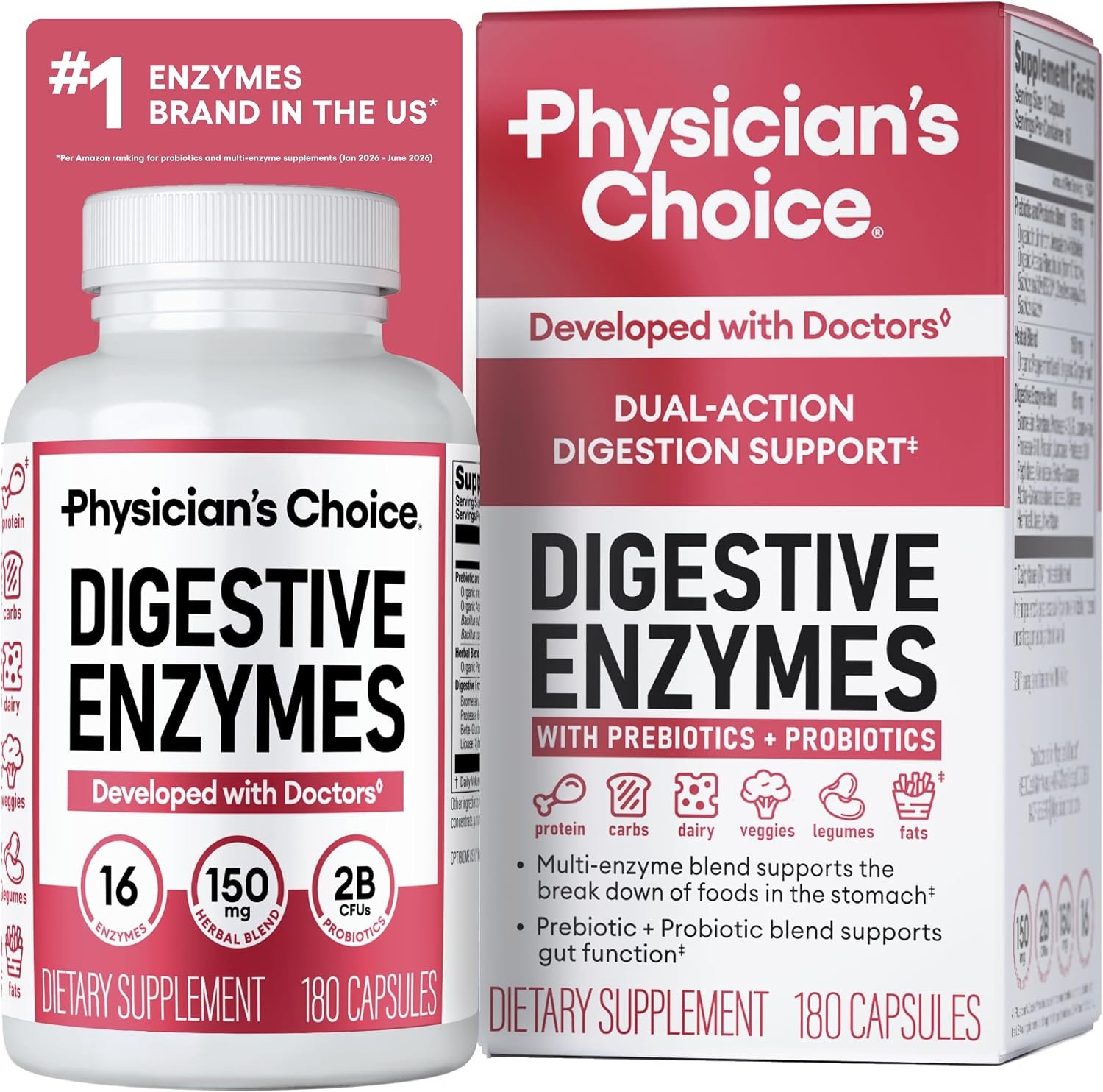 Physician’s CHOICE Digestive Enzymes for Bloating & Digestion – Fast-Acting 16 Enzyme Formula with Organic Prebiotics & Probiotics for Gut & Digestive Health – Meal Time Discomfort Relief – 180 CT